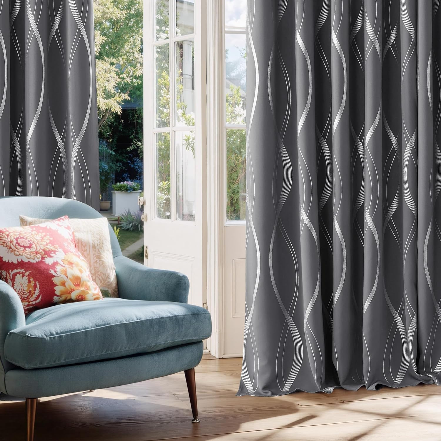 NICETOWN Grey Blackout Striped Pattern Curtains for Living Room 84 Inch Long 2 P