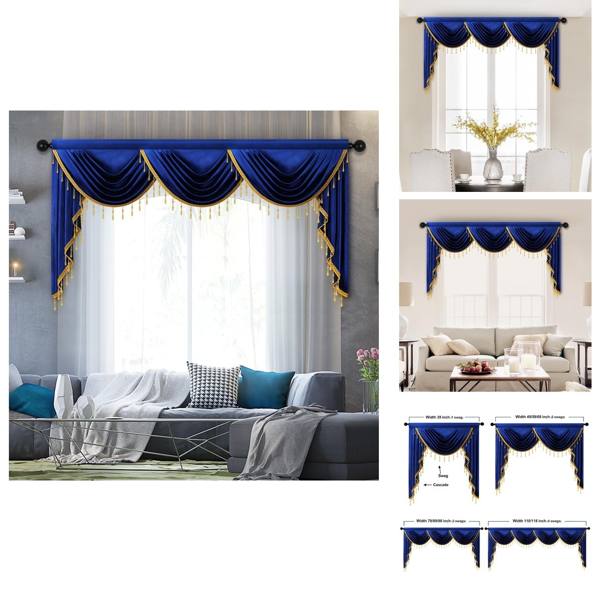 Elkca Luxury Royal Blue Velvet Curtain Valances For Living Room Beads98Inch1