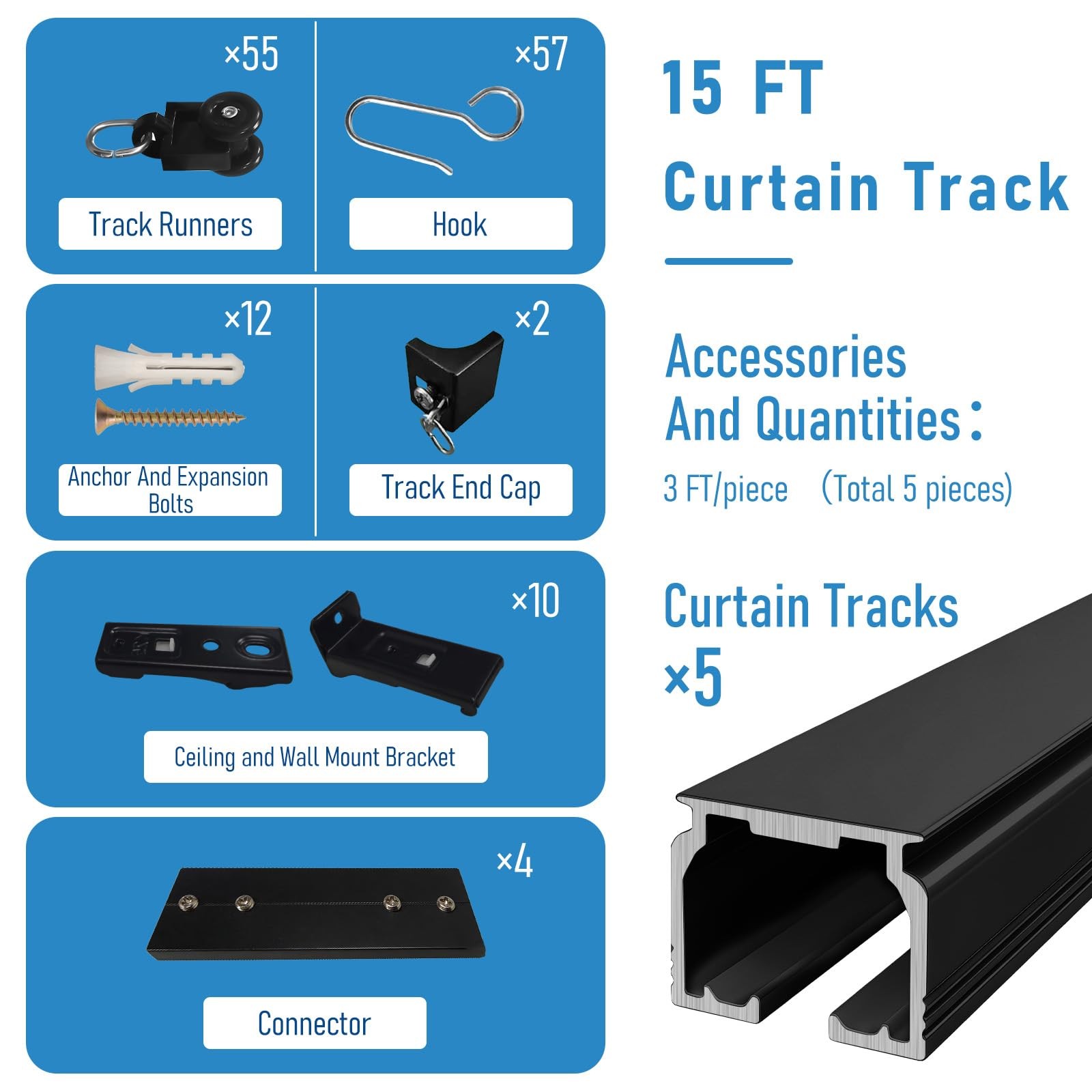 Ceiling and Wall Track for Curtains Heavy Curtain Track 15FT Black with Hook …
