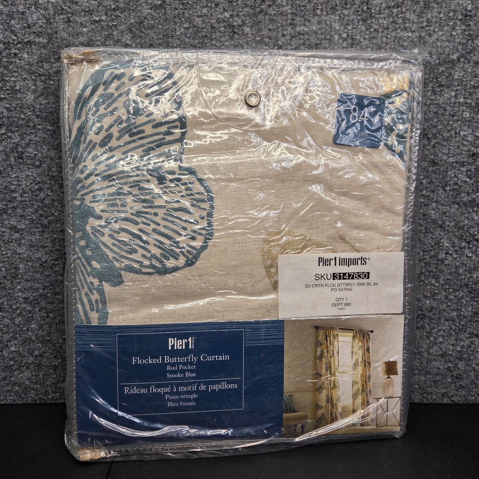 Pier 1 Imports Curtains Flocked Butterfly 84″ 44 X B84 in Lined Rod Pocket Blue
