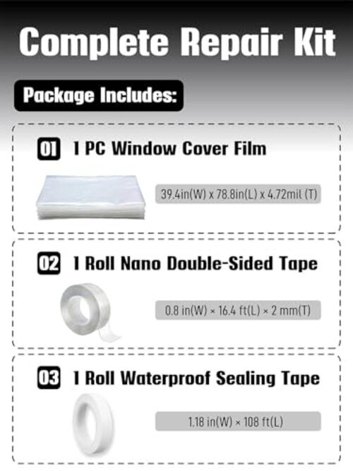 Temporary Car Window Cover for Broken Glass, 78.7×39.4 in Waterproof Plastic