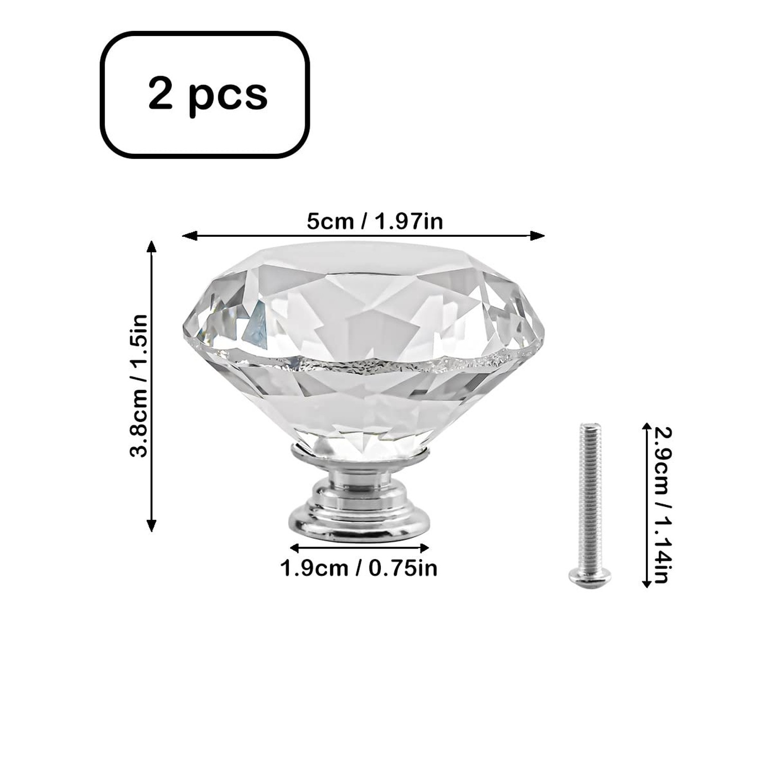 Crystal Cabinet Knobs 2Pack Clear Glass Diamond Shape Drawer Knobs 50mm Diamo…
