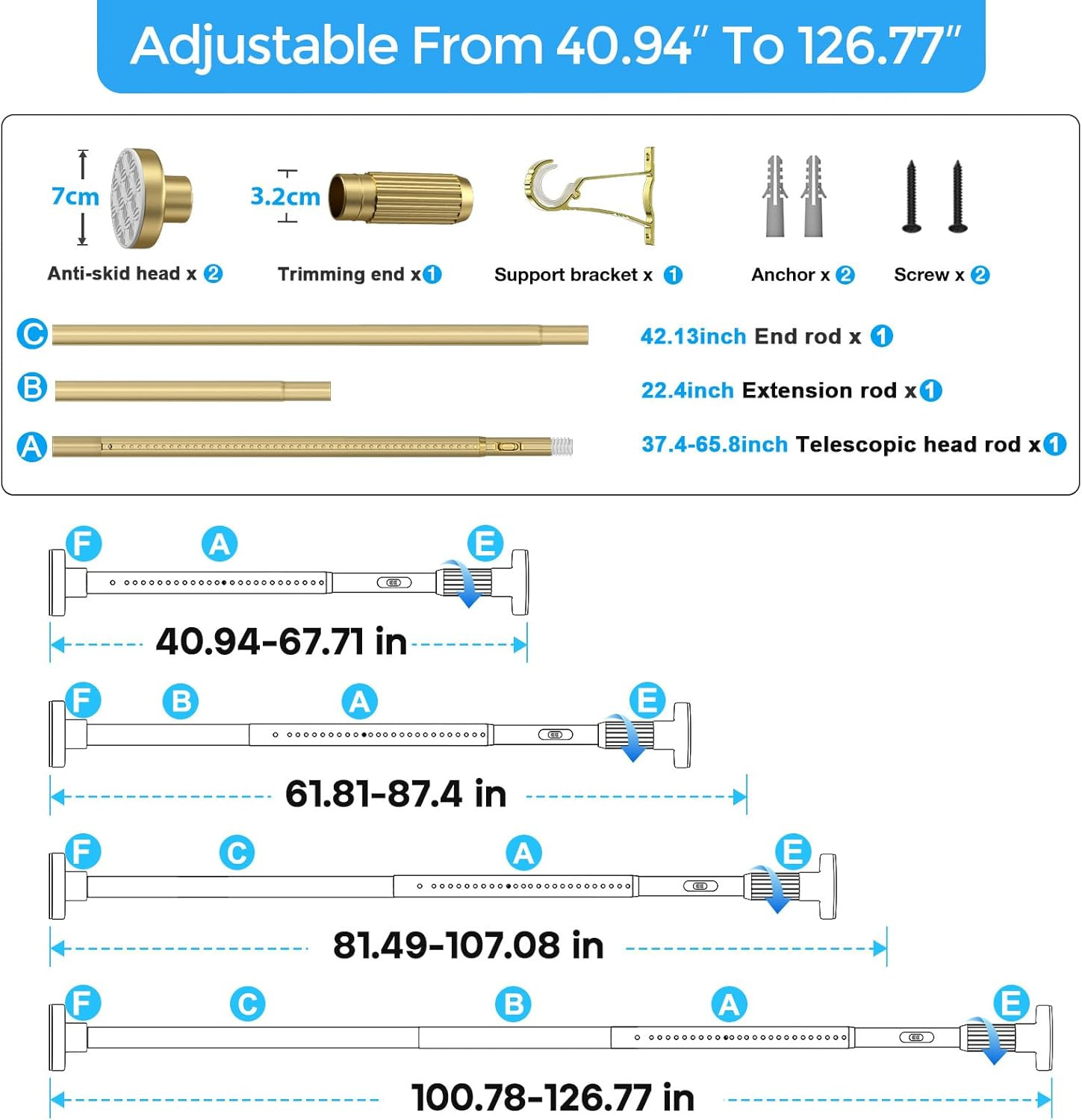 AIZESI Tension Curtain Rod 41-126 Inch(4-10Ft),1.26” Diameter,Long Heavy Duty A