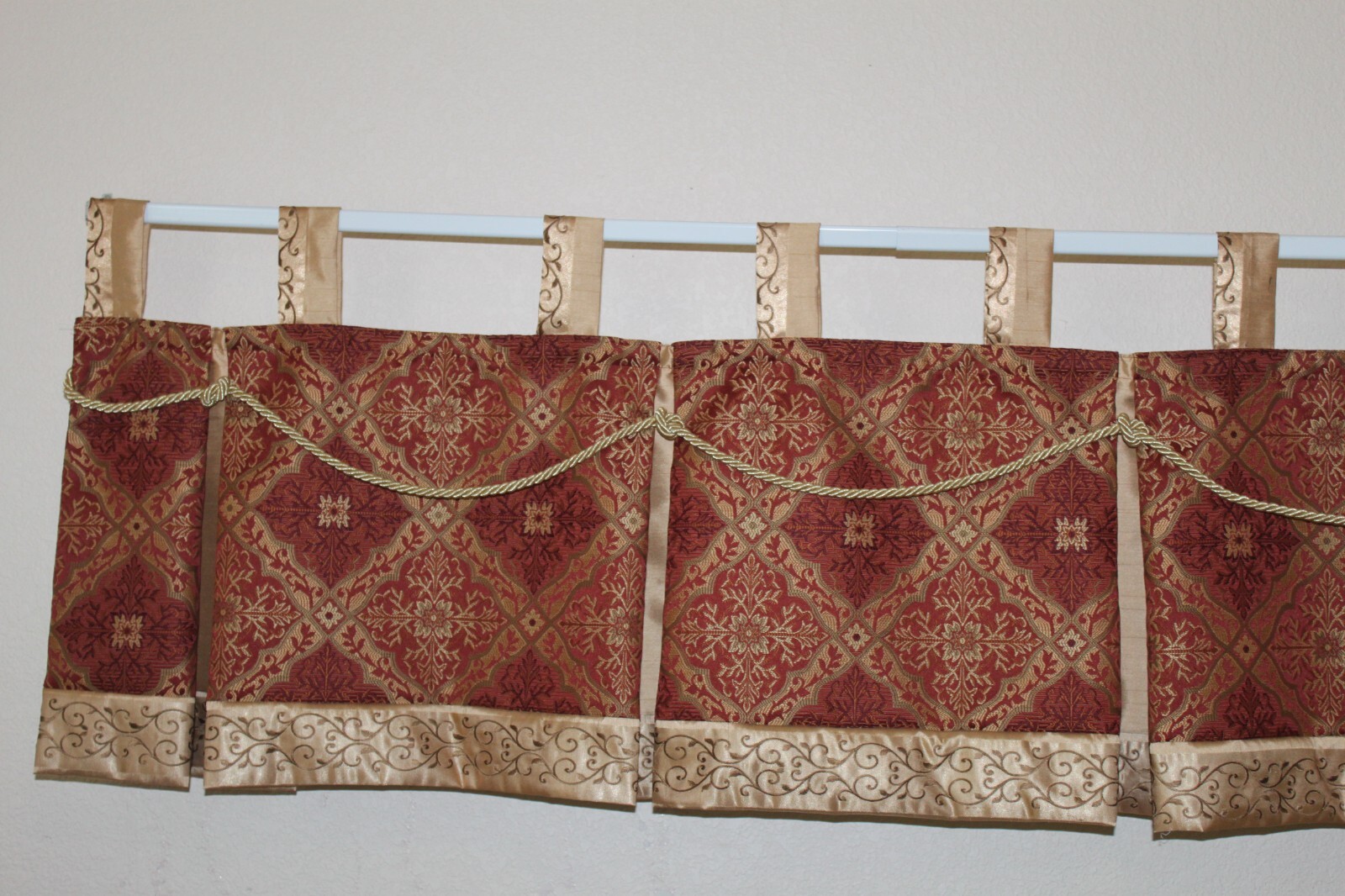 Tab top valances burgandy gold pleated.