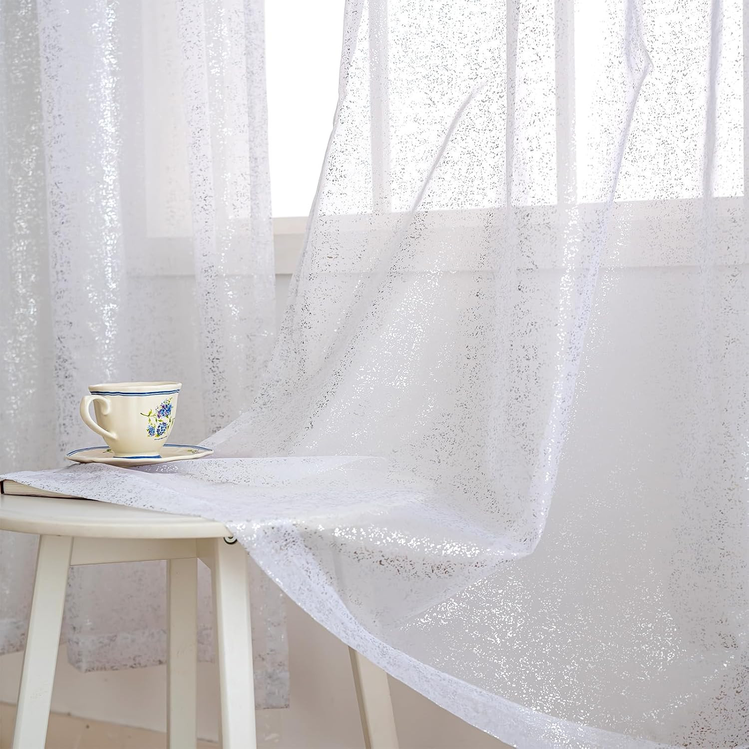 Foil White Sheer Curtains for Living Room 84 Inches Long 2 Panels Set, Modern Si