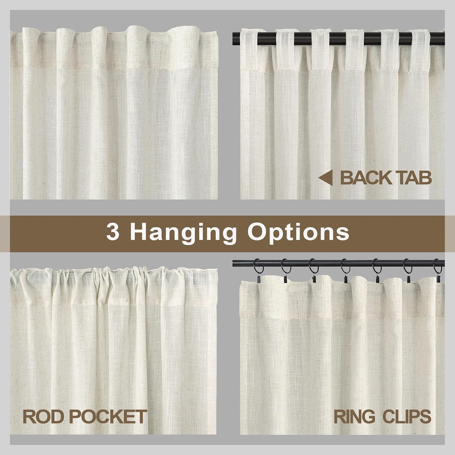 108 Inch Linen Blend Curtains 2 Panel Set Semi Sheer Back Tab Rod Pocket Beige