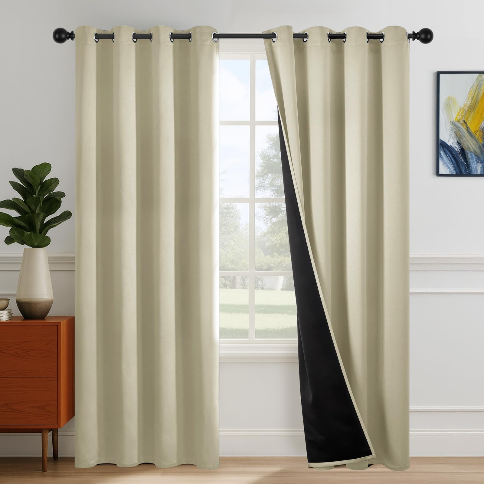 100% Blackout Curtains for Bedroom & Living Room, Grommet Drapes with Black B…