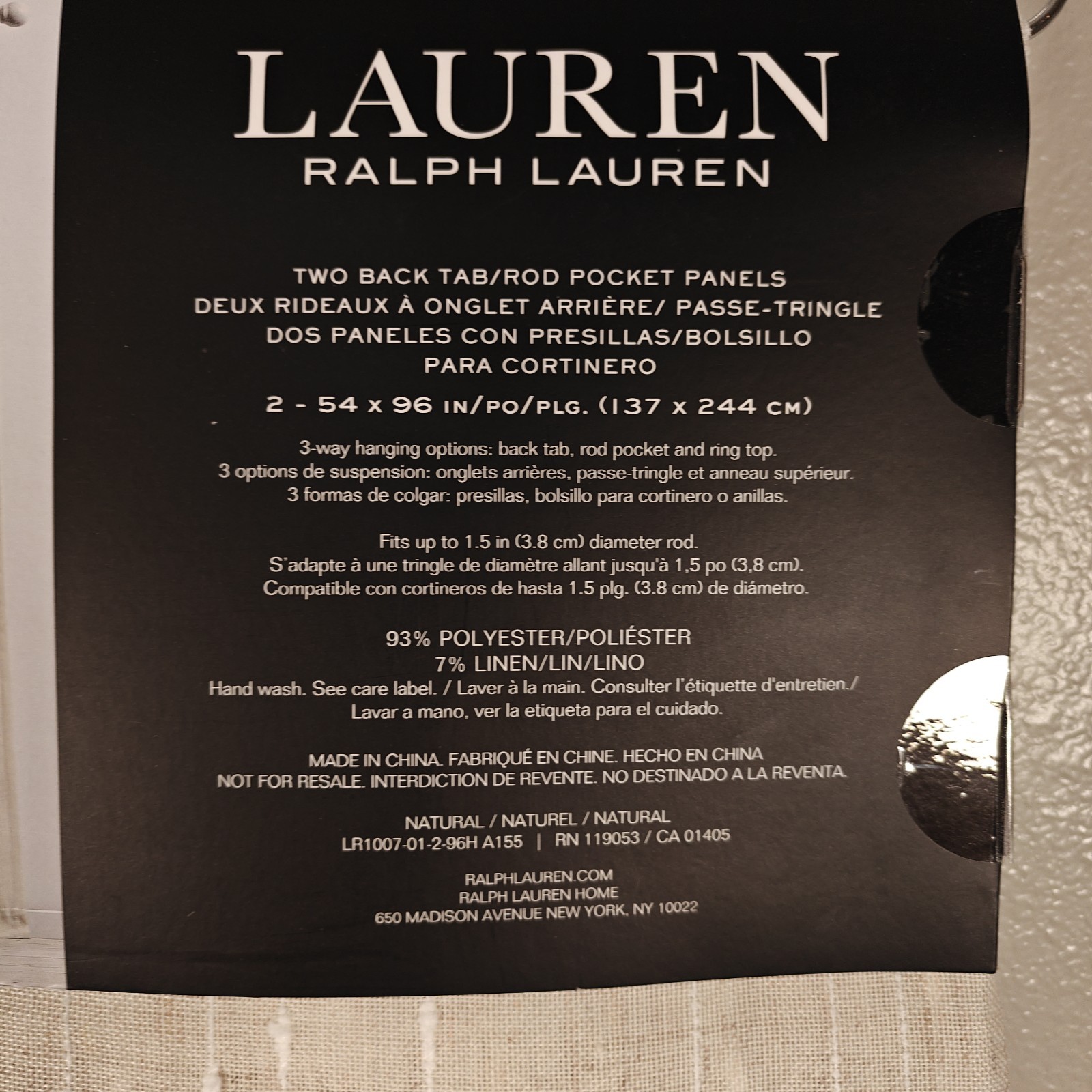 New Ralph Lauren Window Curtains 2 Panels Natural 54 x 96 Linen Back Tab Pocket