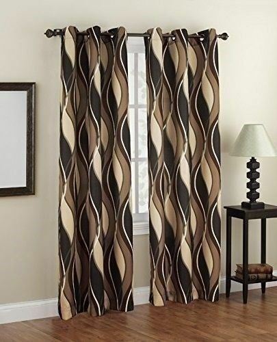 Set 2 Gray Brown Tan Geo Wave Curtains Panels Drapes Pair 63 84 95 in L Grommet