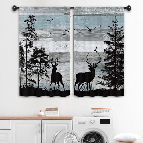 Farmhouse Deer Rustic Kitchen Curtains Inch Cabin 27.5W x 39L Blue Wood Forest