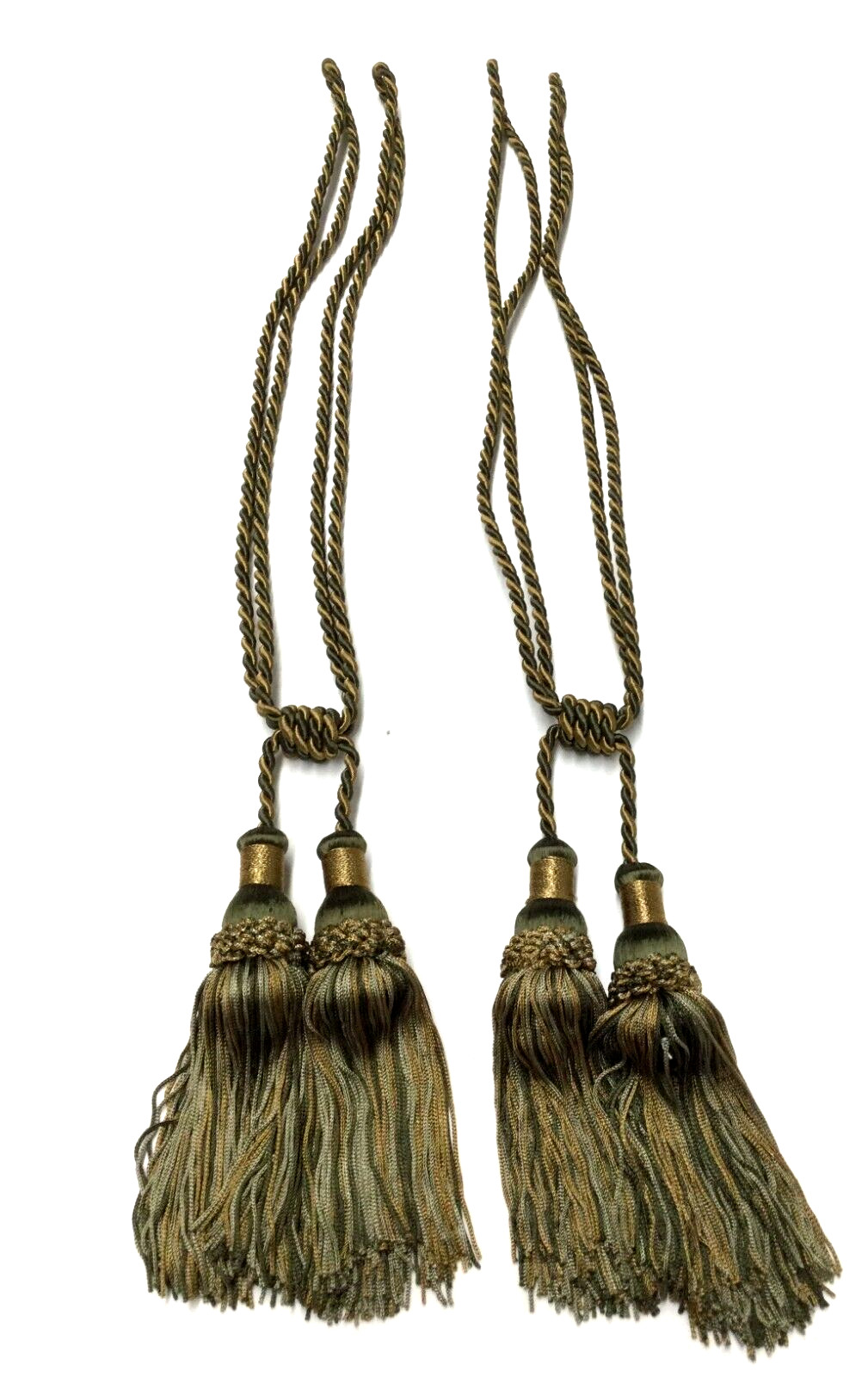 2x -Drapery Curtain Tie-Back w double Tassel – Green & Dirty Gold