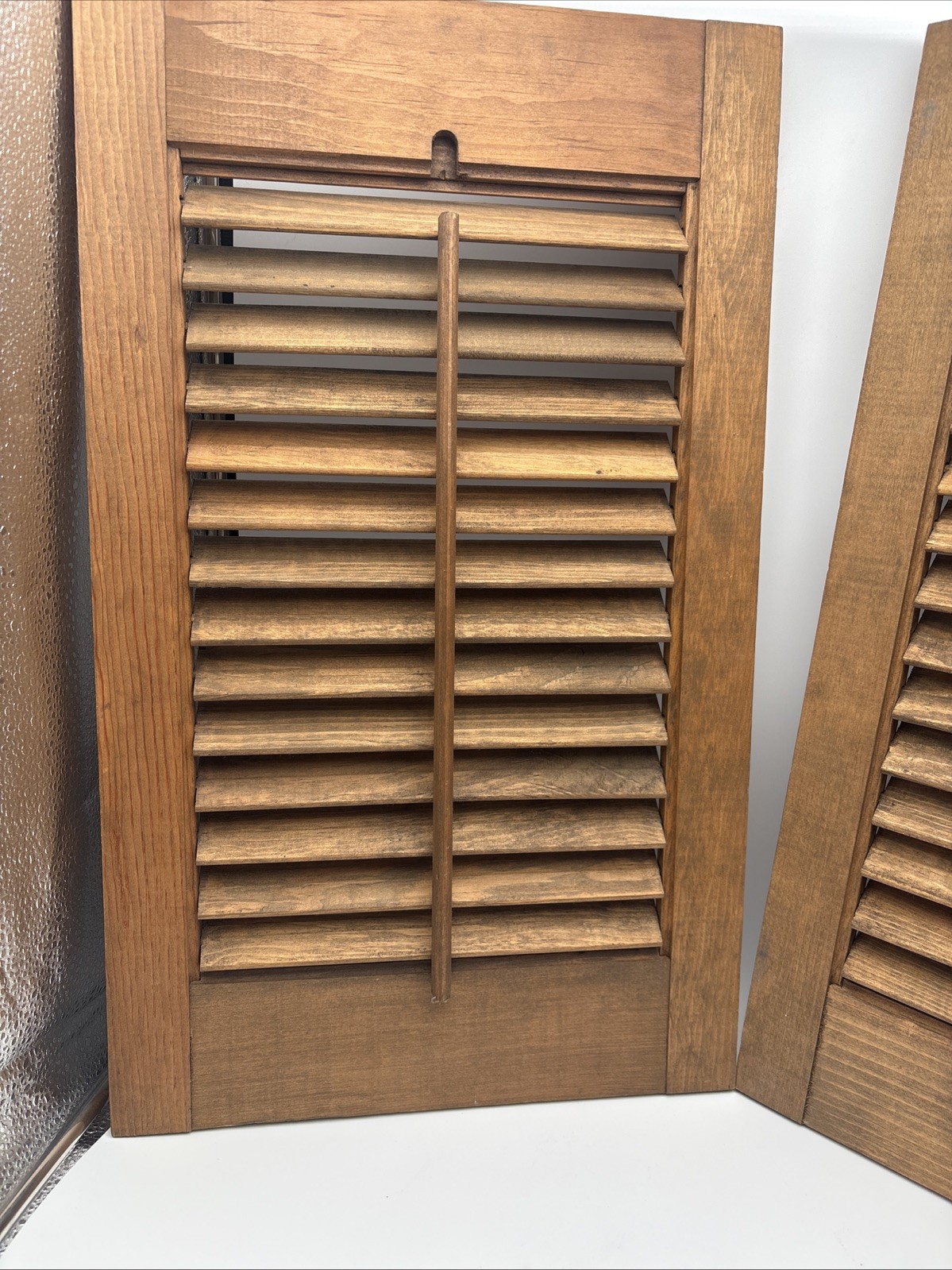 2 OLD Brown Wood Shutter Panels Movable Louver Slats ~ 12” X 20”