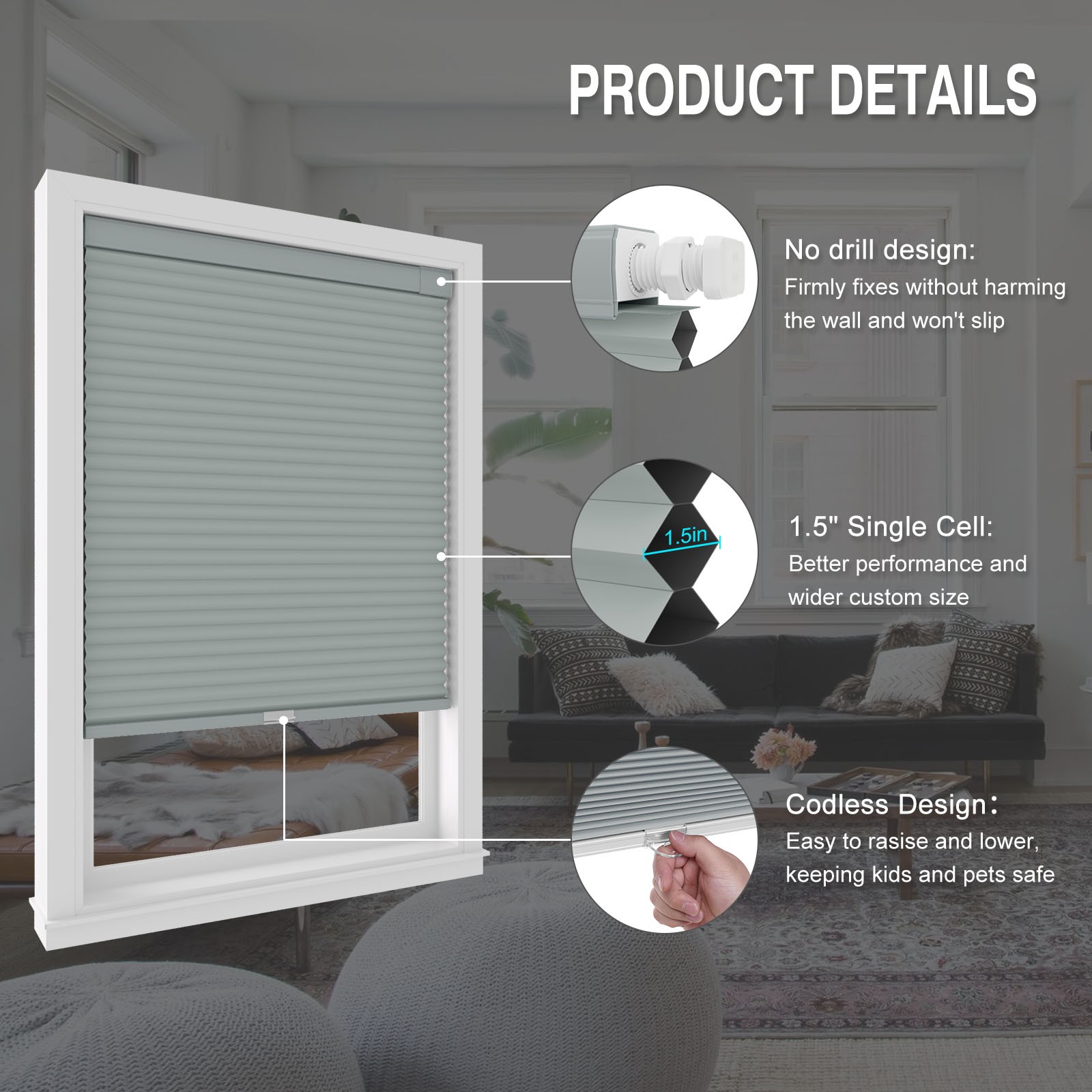 Blackout No Drill No Tools Cordless 1.5” Honeycombs for Window Cellular Shades