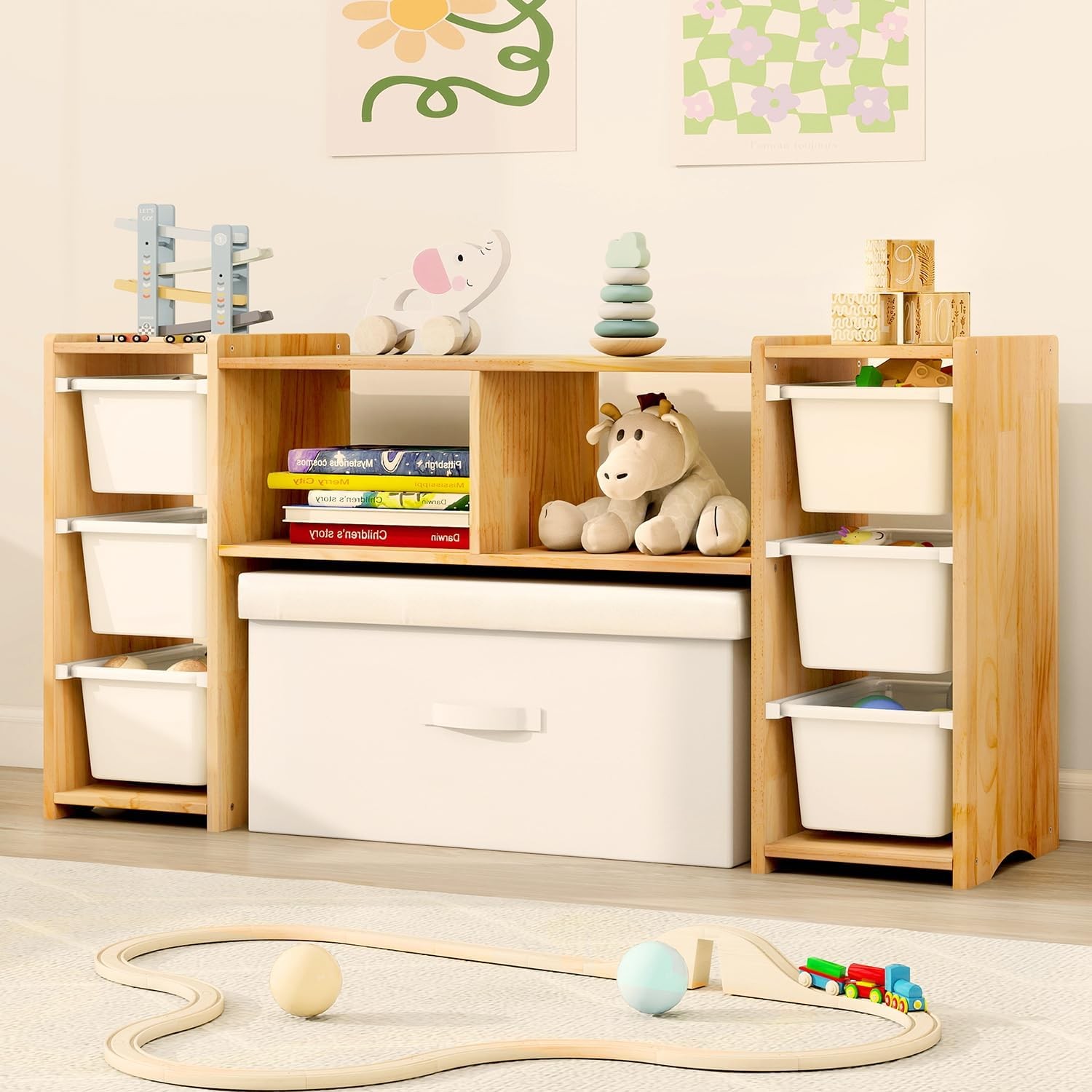 Montessori Shelf for Kids – 100% Solid Pine Wood with 6 Removable Plastic Bins,