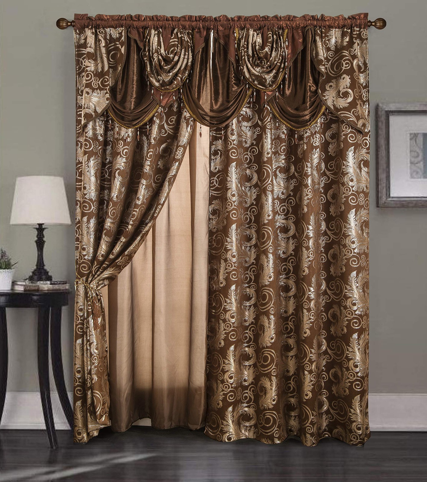 Golden Rugs Jana Collection Jacquard Curtain Set with Flounce and Back, for…