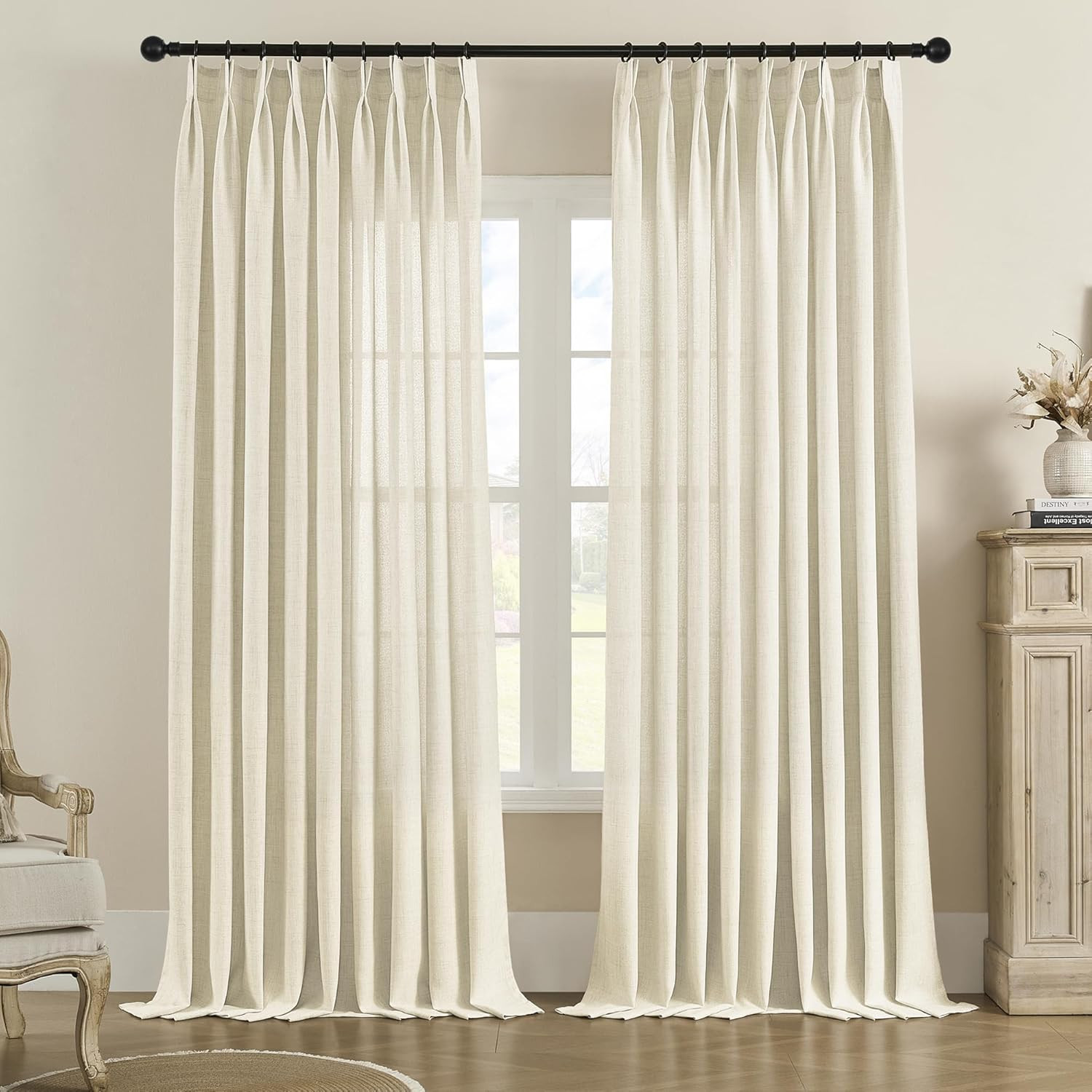 Extra Wide Pinch Pleated Curtains 100×96 Semi Sheer Linen Drapes 1 Panel Natural