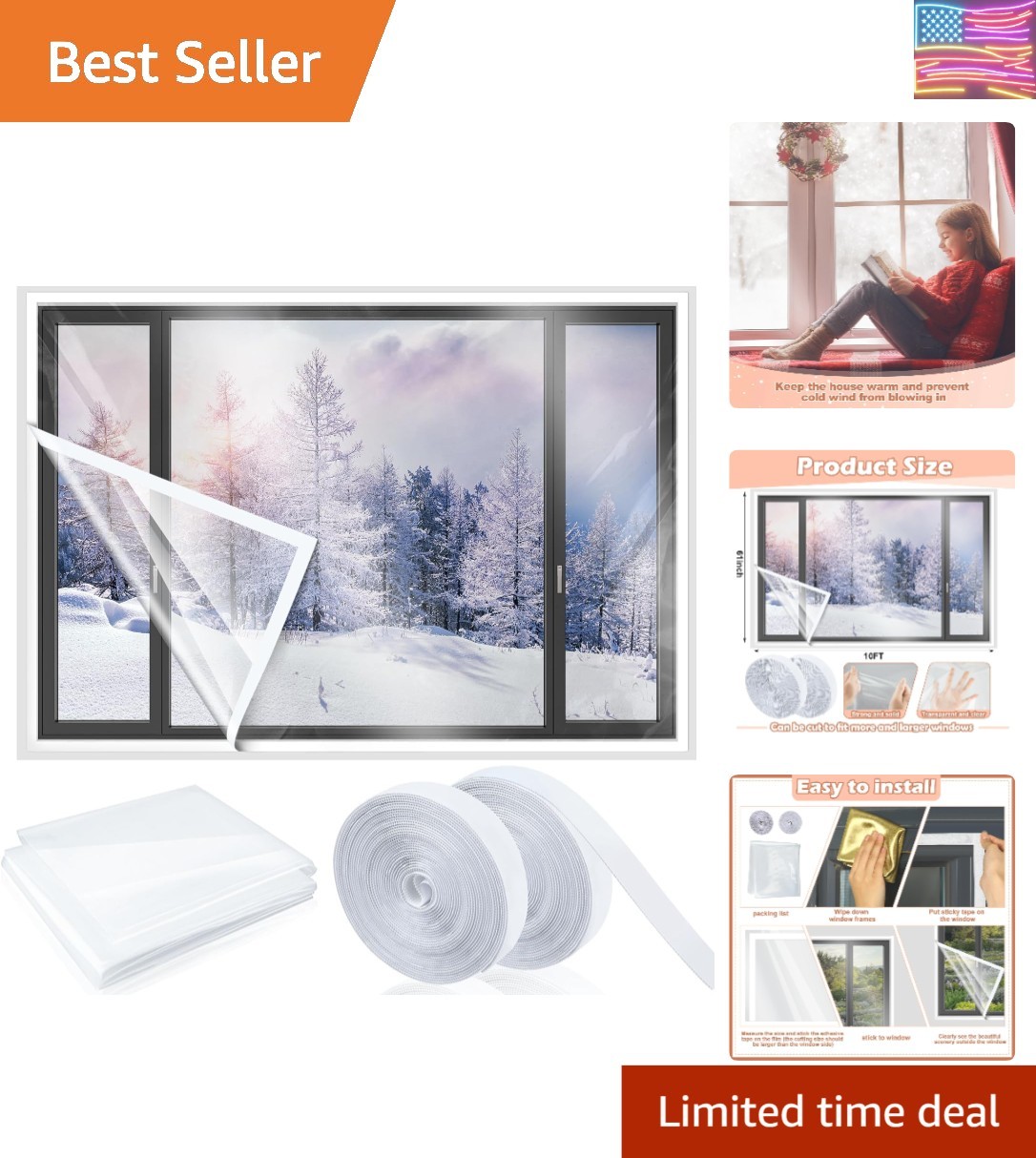 63in x 10ft Window Insulation Kit, Cuttable Transparent Film with Tape
