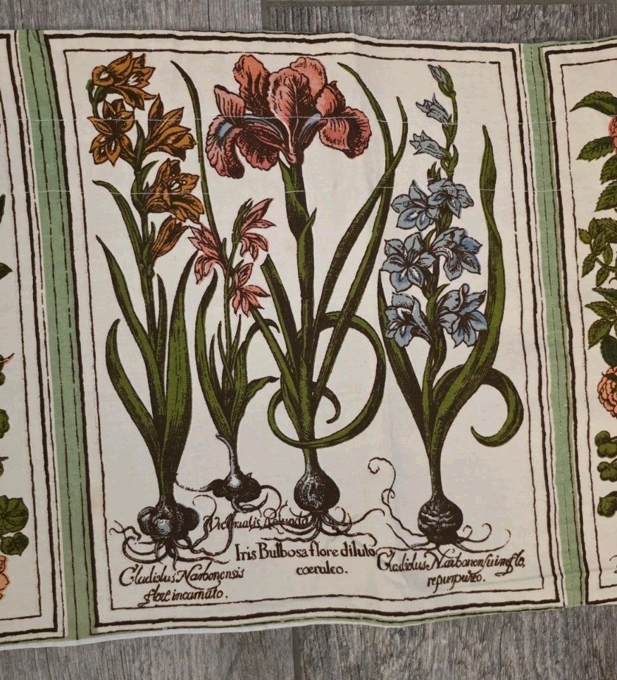 Curtain Valance Vtg Botanical Plants And Flowers Green Multi 12.5″x166″ Cotton