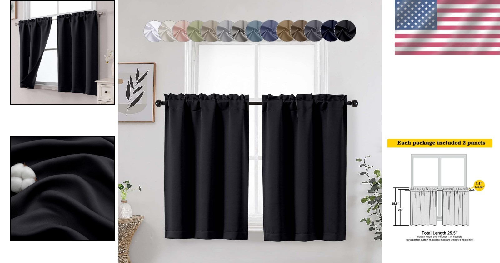 Black Short Blackout Curtains for Small Bedroom Window 36 Inches Long 2 Panels,