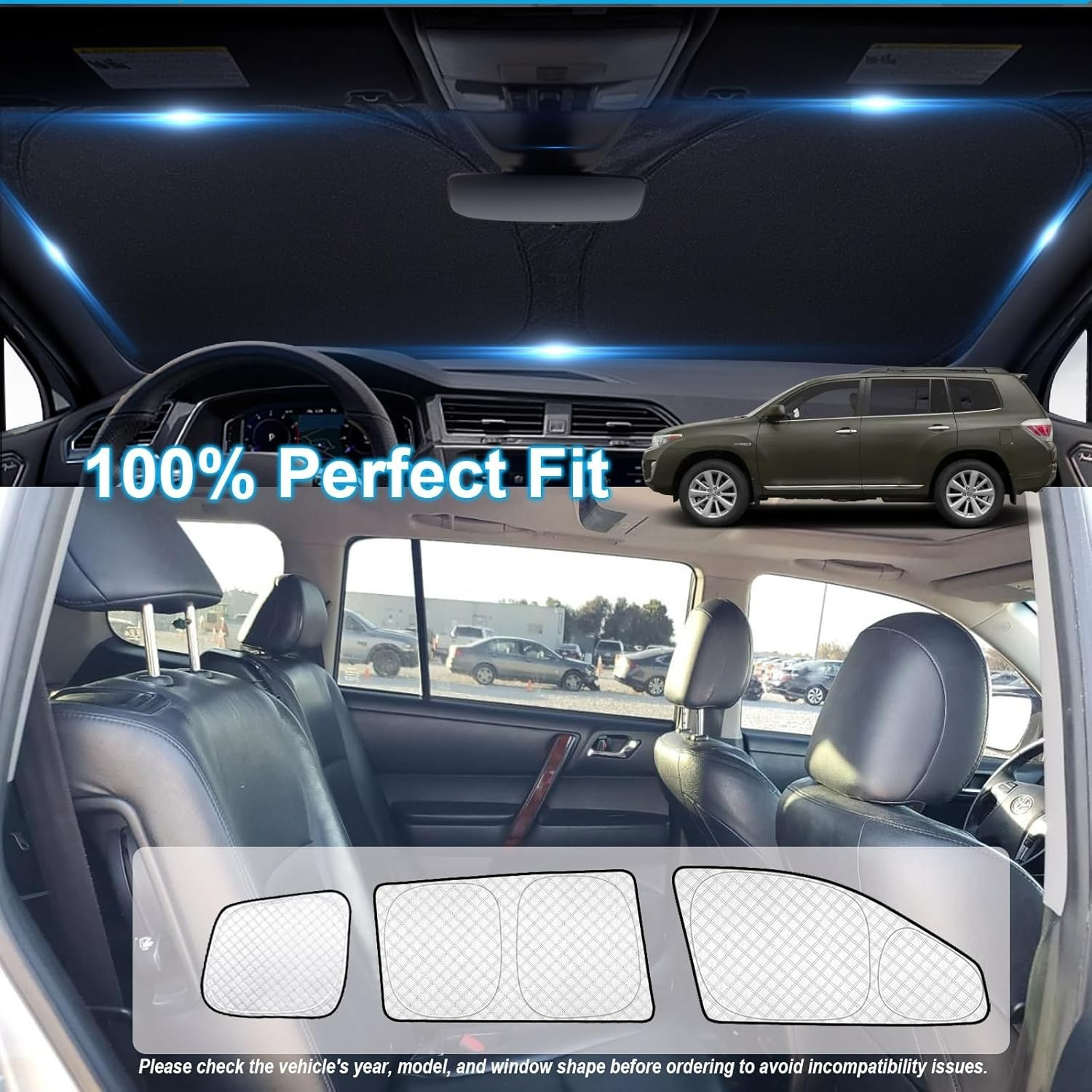 KMF 8pcs Thicken Car Sun Shades for Toyota Highlander 2008-2013 Accessories