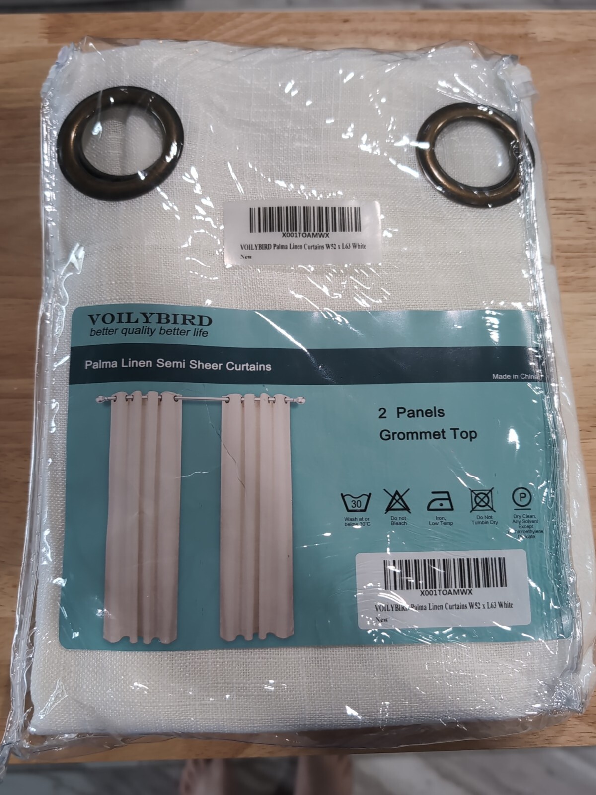 Voilybird Palma Linen Curtains 52” W X 63” L, White, Grommet Top Sheer Curtains