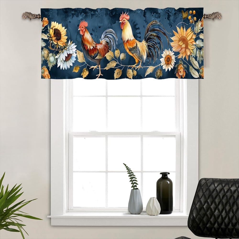 1 Panel Retro Rustic Rooster Kitchen Valance Curtains for Windows, Glam Colorful