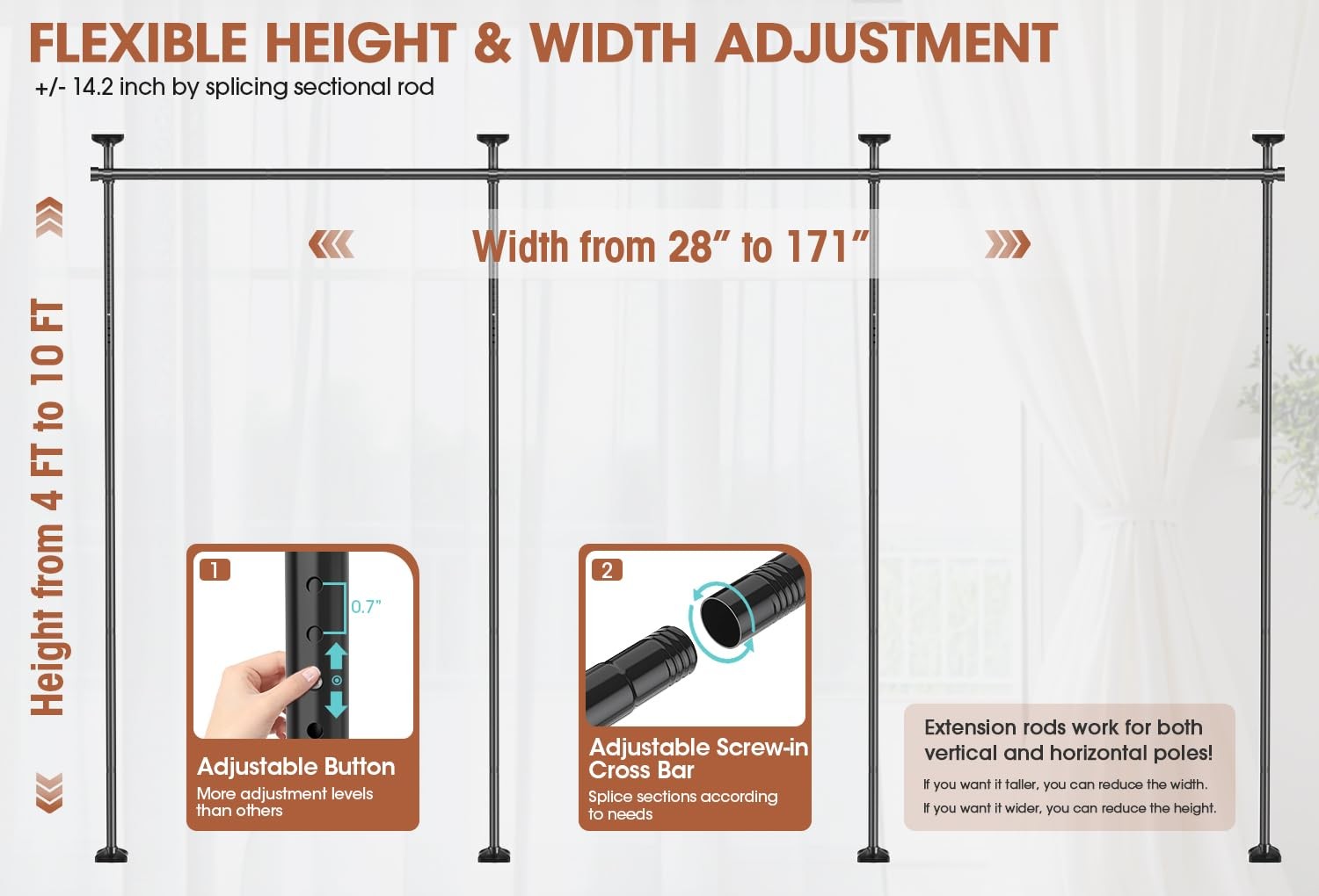SUNALLY Room Divider Curtain Rod No Drill Adjustable 28-171in Black Stand