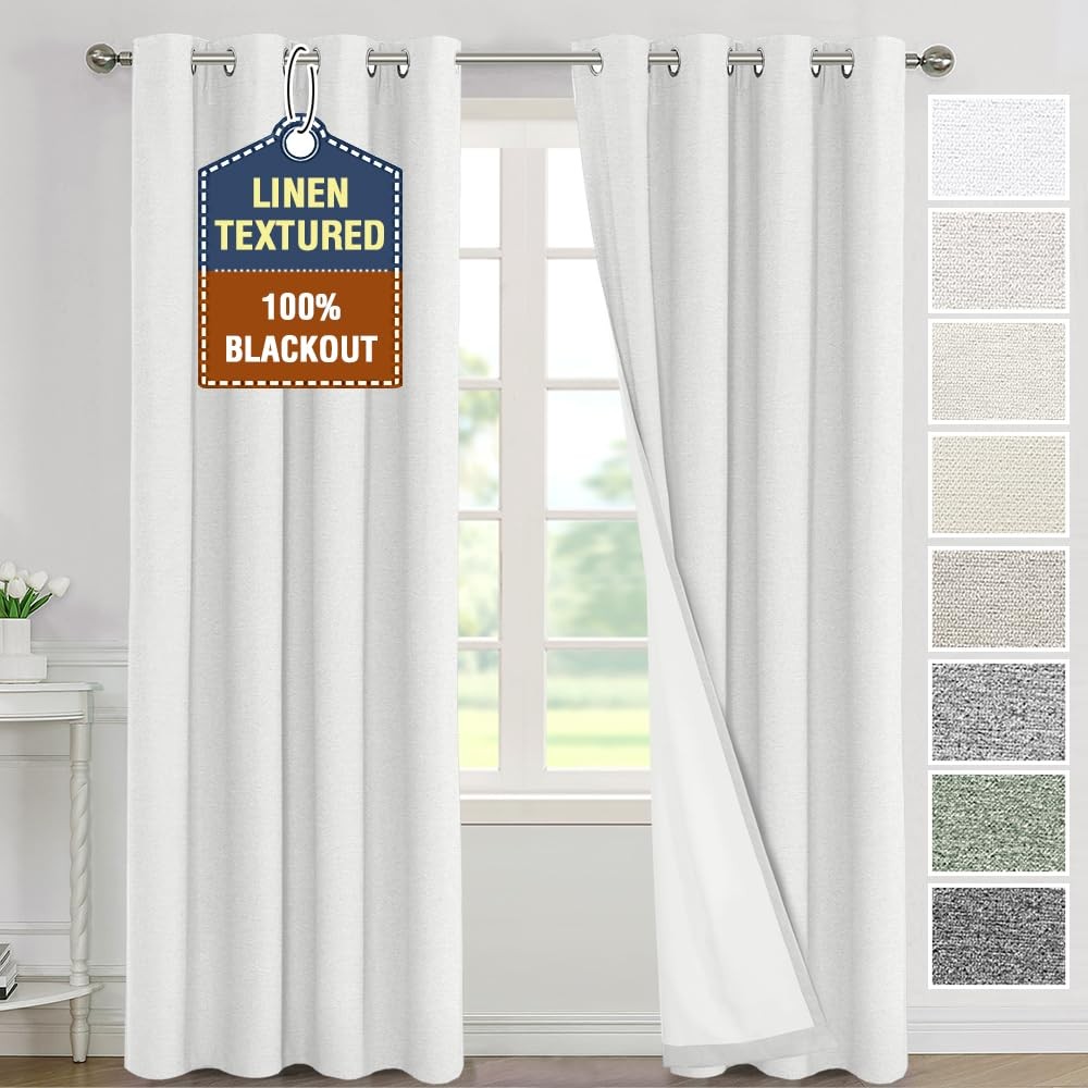 H.VERSAILTEX Linen Textured Blackout Curtains 52×84 Inch 2 Panels Heather White