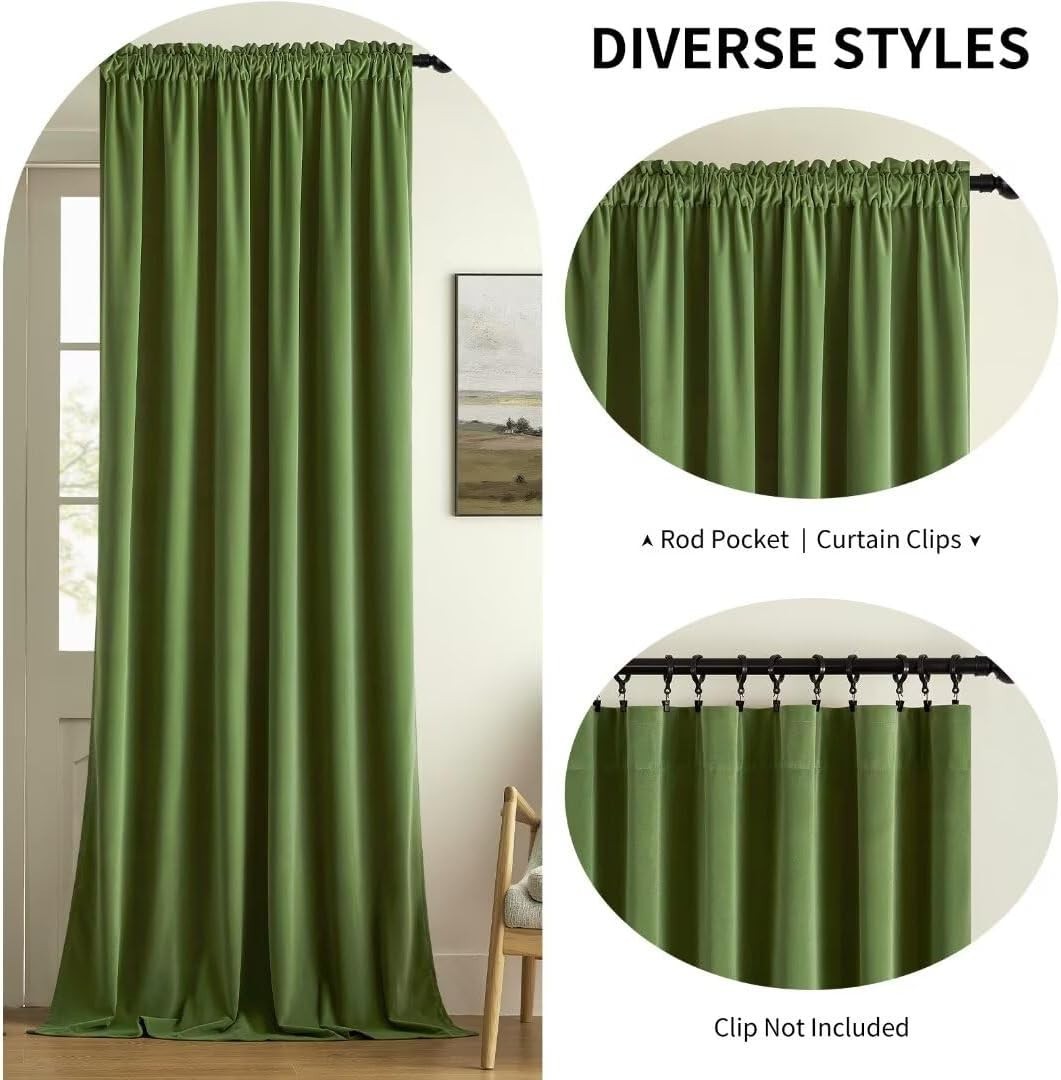 Olive Green Velvet Thermal Insulated Curtains | 2 Panels, 96 inch Length