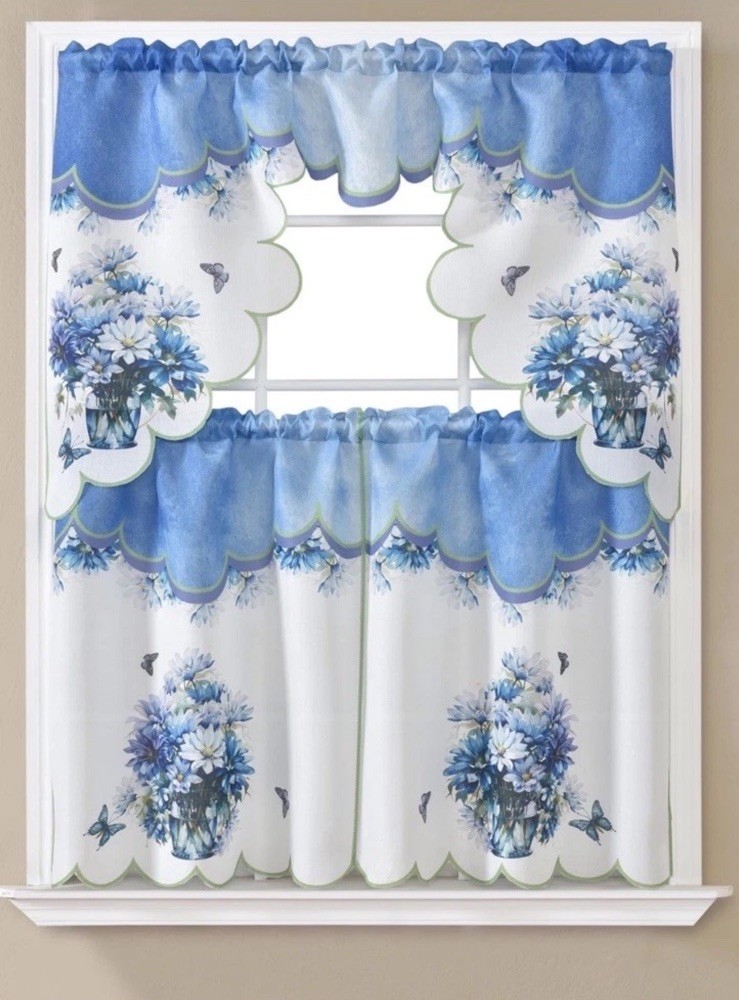 Blue Floral & Butterfly kitchen Curtain & Tiers Set Kitchen Window 60x36in