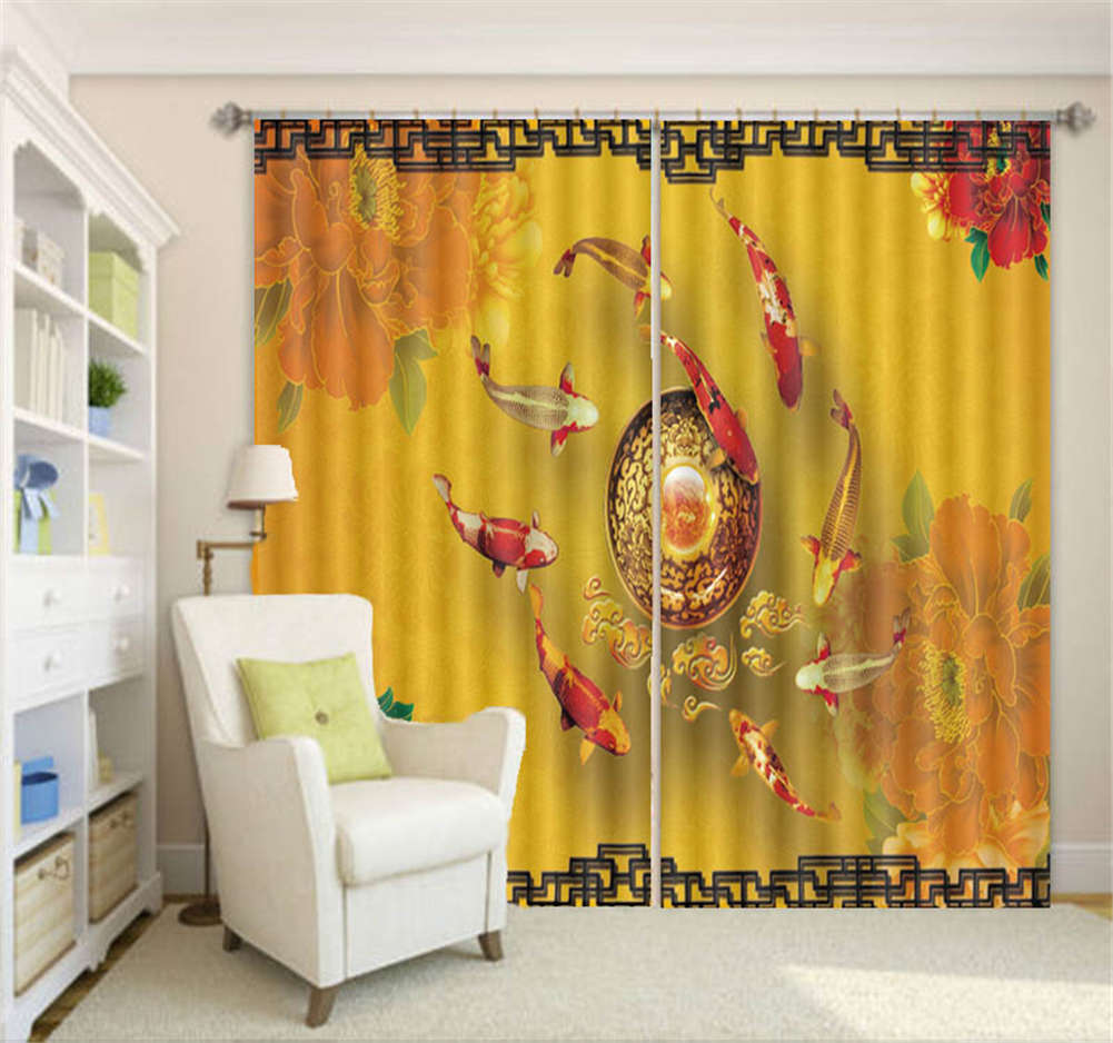 Many Auspicious Carps 3D Curtain Blockout Photo Printing Curtains Drape Fabric