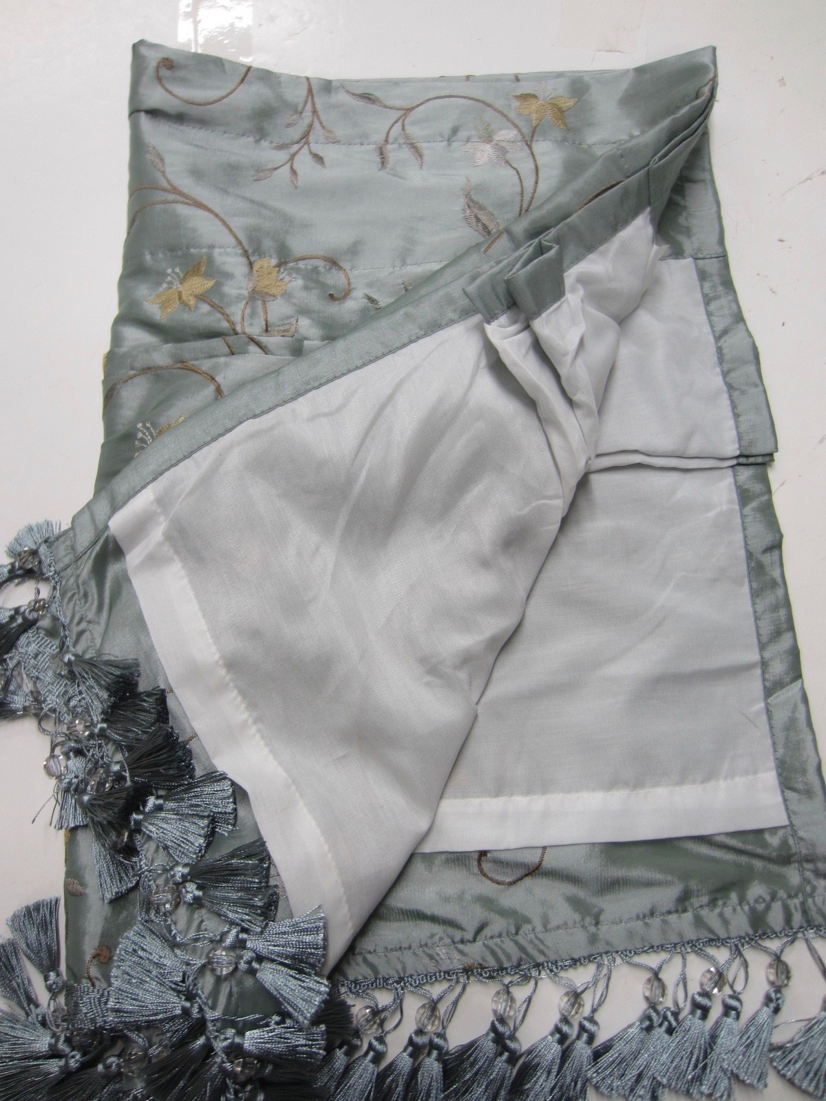 Single Poly SILK Pale Teal Embroidered Austrian Gathered Tassels Valance 56″W