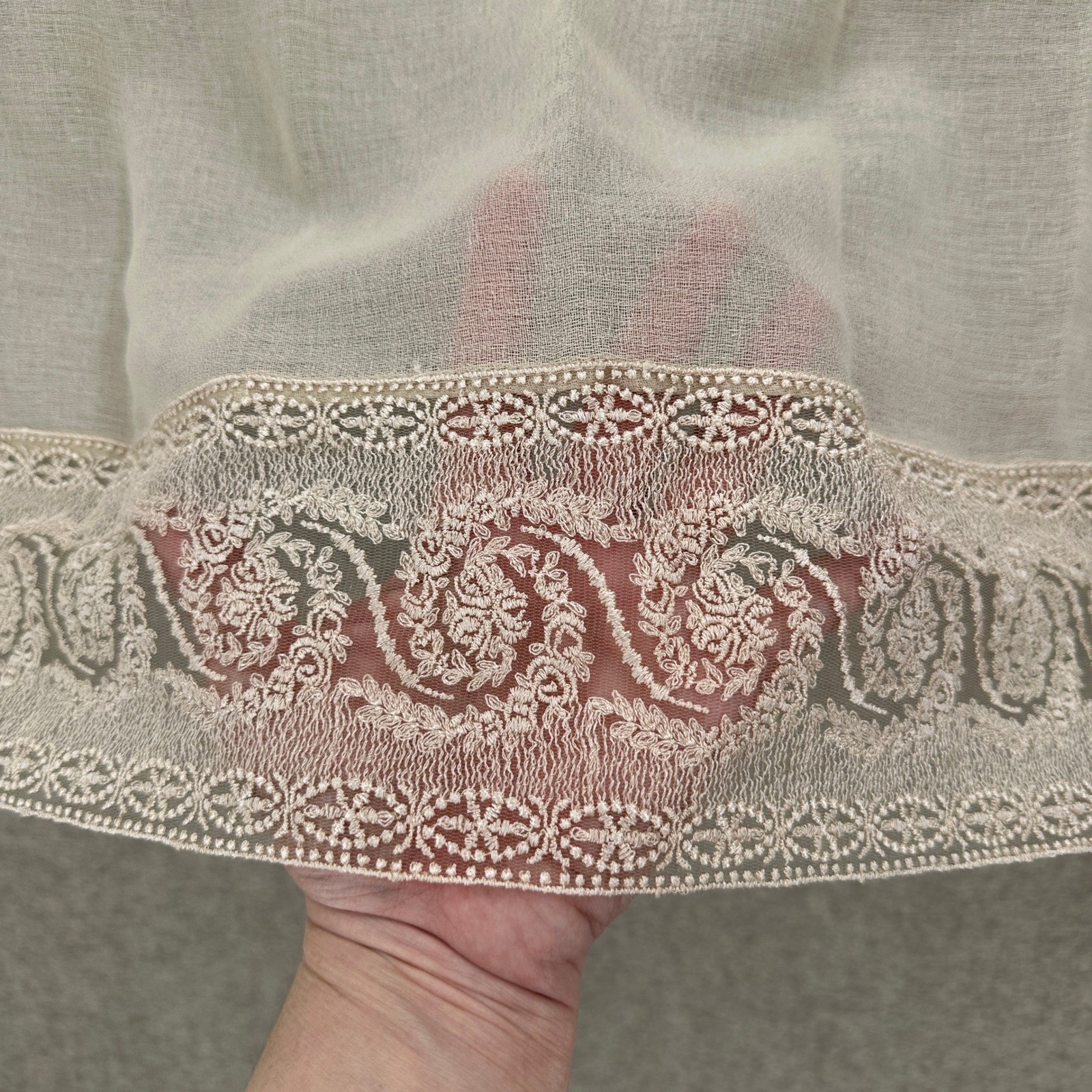 Chris Madden JCP Sheer Beige Lace Embroidered Curtain Panels Valance Set 41×83