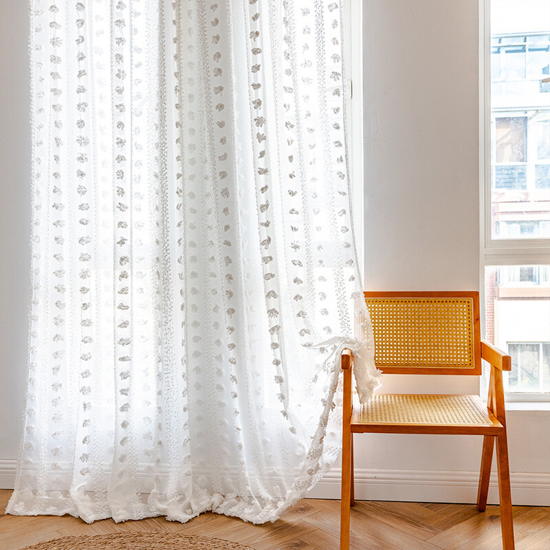 Bohemian Tufted Floral Curtains Moroccan Living Room Bedroom Sheer Tulle Curtain