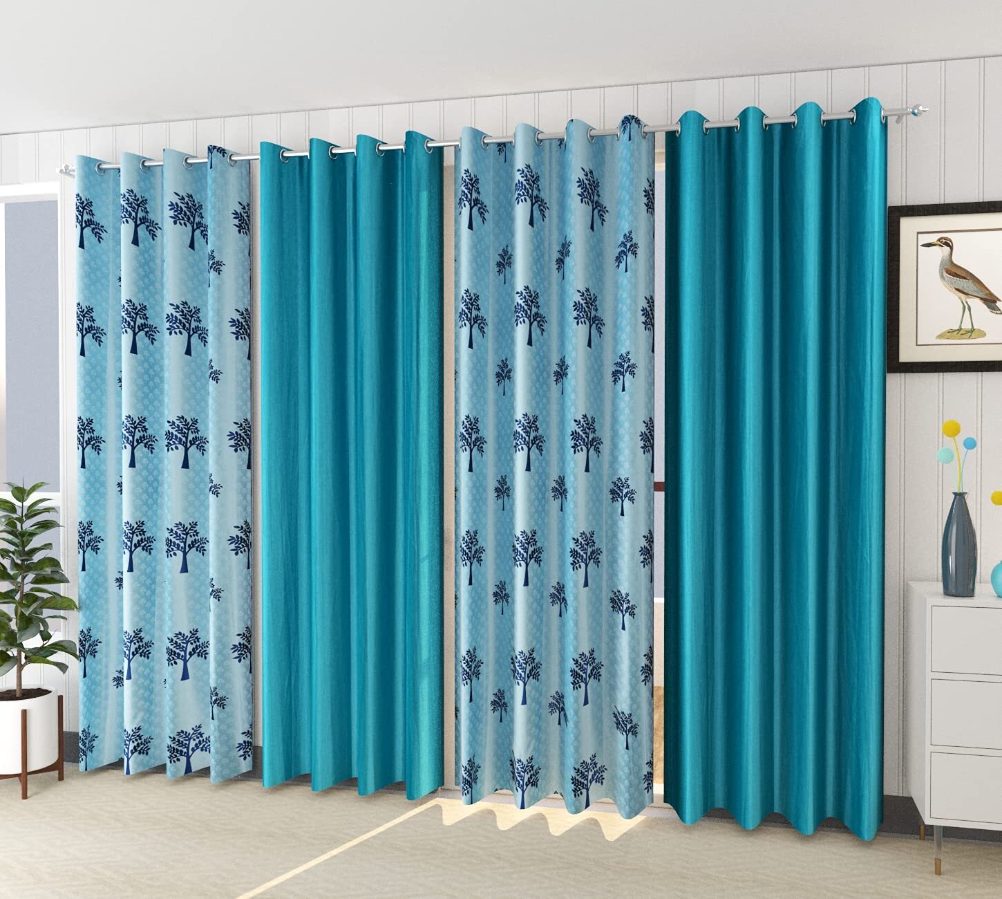 4 Pieces Tree Printed Polyster Curtain (2 Print + 2 Plain) – 6 Feet, Aqua Blue