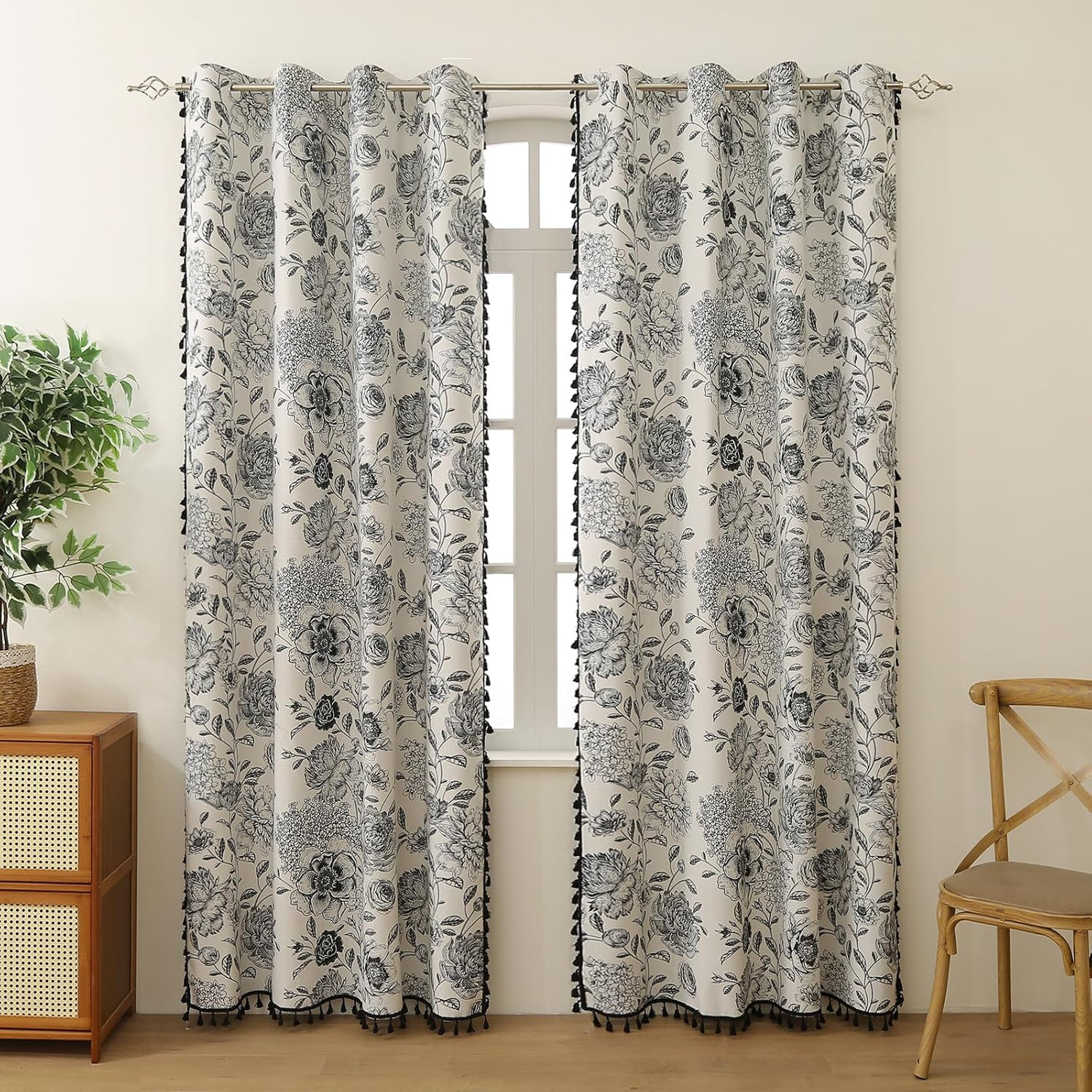 Elegant Black Floral Blackout Curtains with Tassels – 2 Panels 52×96 Inches