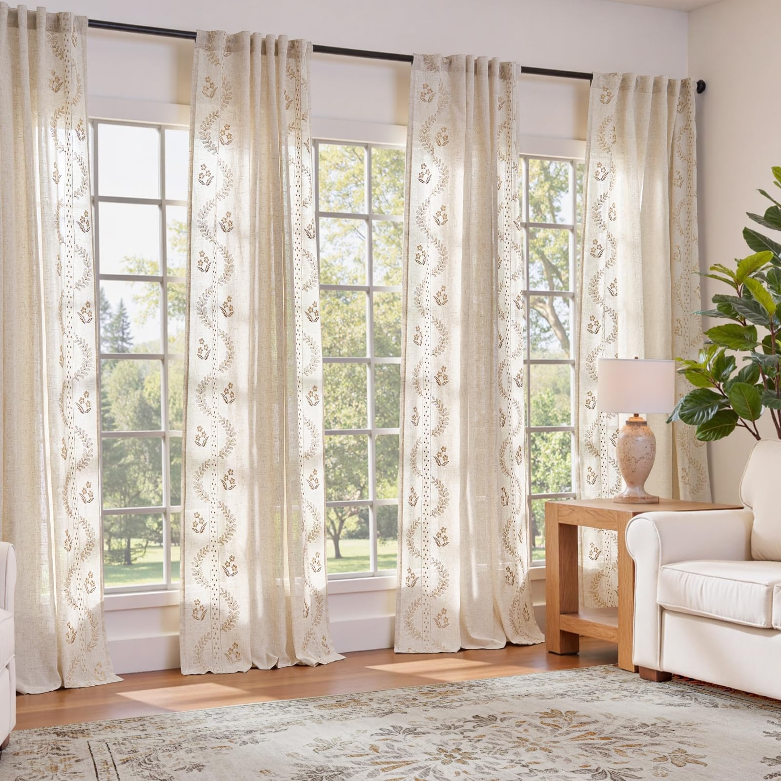 jinchan Belrose 4 Panel Curtains Set 84 Inch Length Floral Curtains Linen Ble…