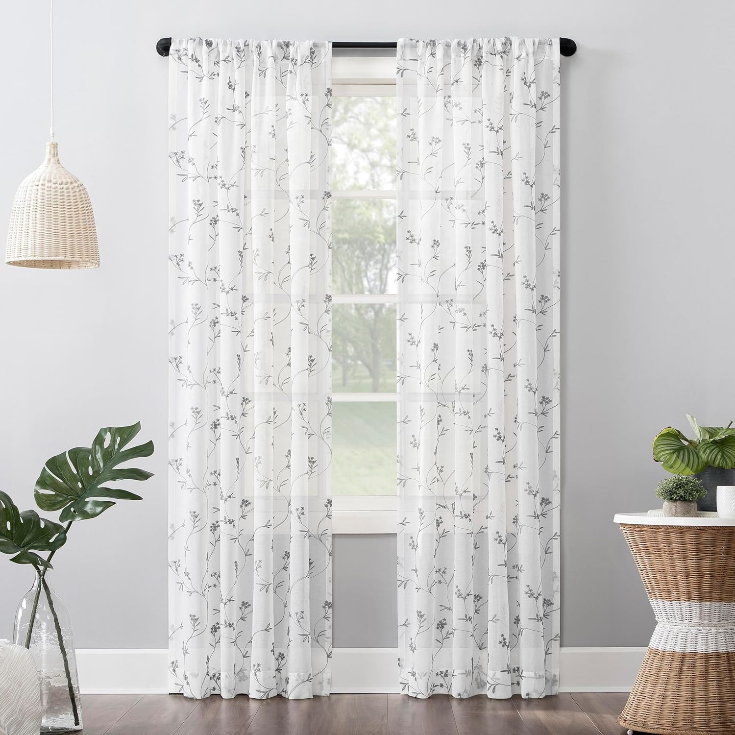 Delia Embroidered Floral Sheer Rod Pocket Curtain Panel, 50″ X 84″