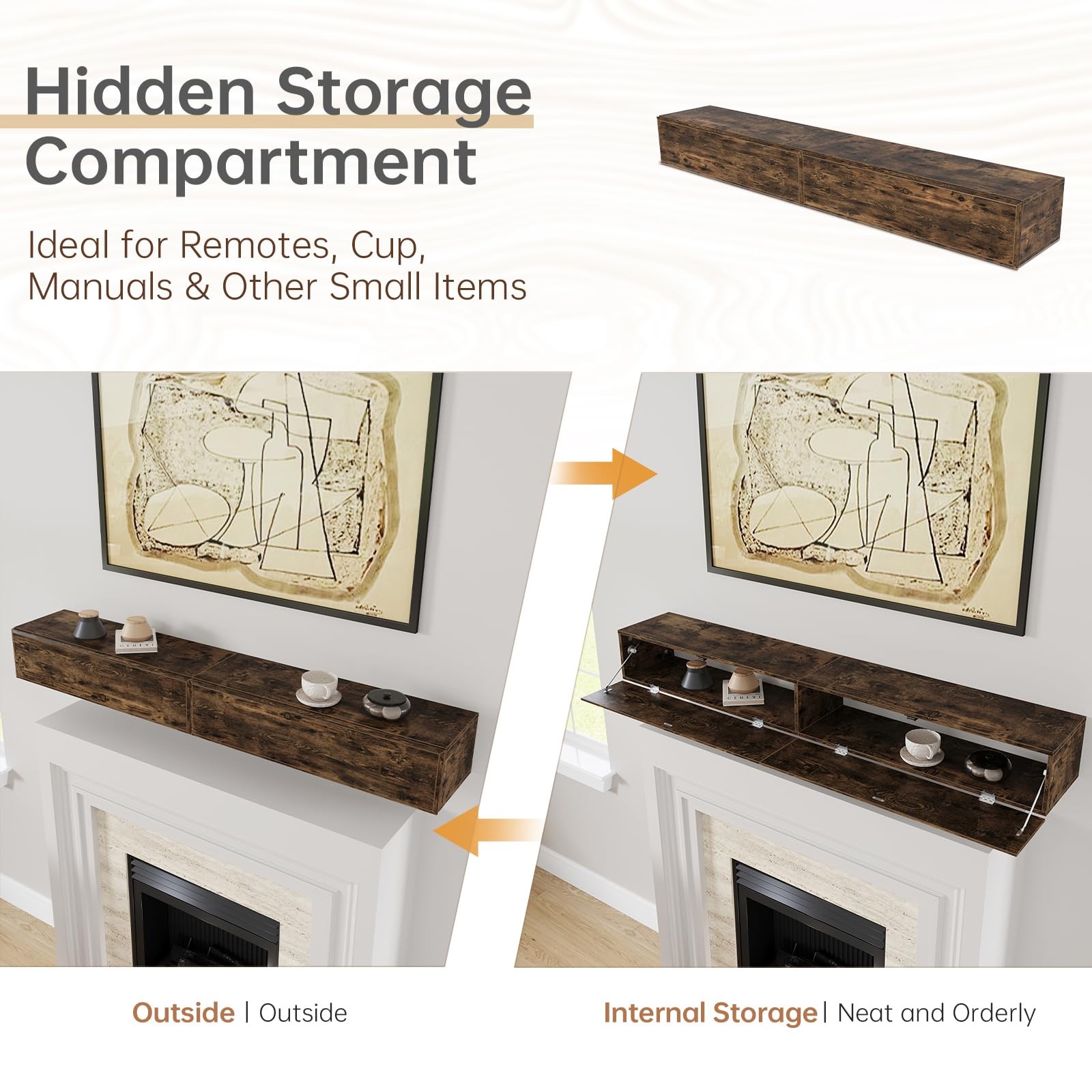 72inch Fireplace Mantel Shelf with Hidden Storage – MDF Wood Wall-Mounted She…