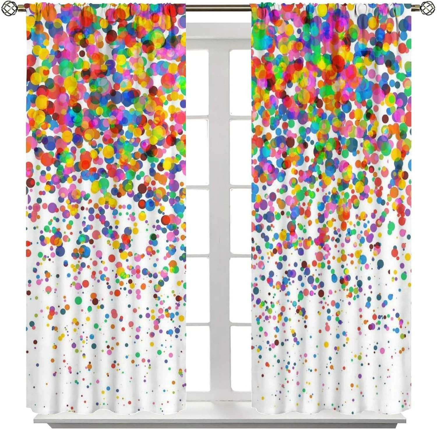 Colorful Polka Dot Curtains, Abstract Geometric Confetti Falling Rainbow Geometr