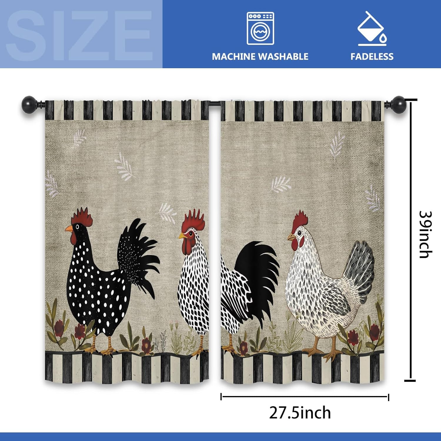 Rustic Farmhouse Rooster Kitchen Curtains 27.5W X 39L Inch Chicken Farm Country
