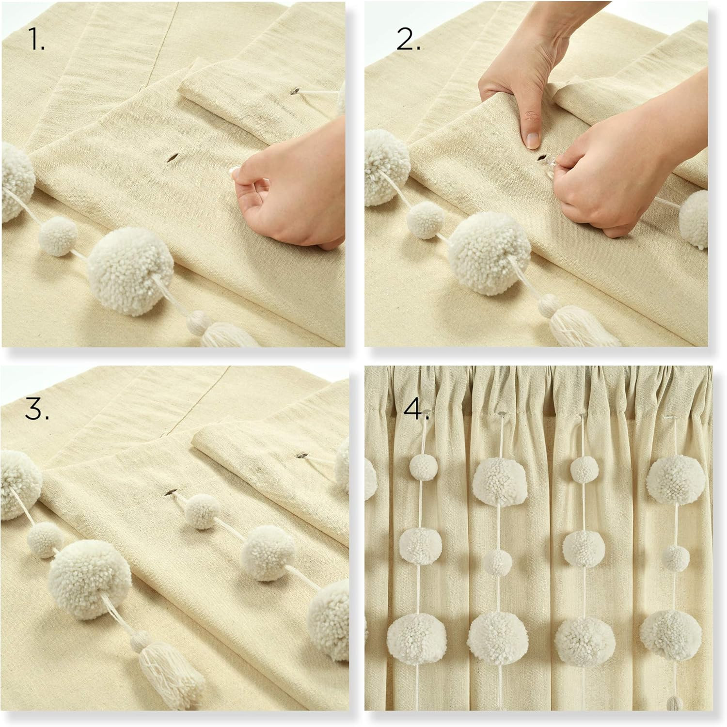 Boho Pom Pom Tassel Linen Textured Window Curtain Panel 52″ W X 95″ L