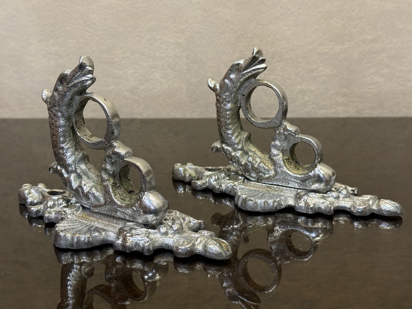 Pair Vintage Soviet Bronze Sea Dragon Curtain Brackets Nickel 1970s USSR
