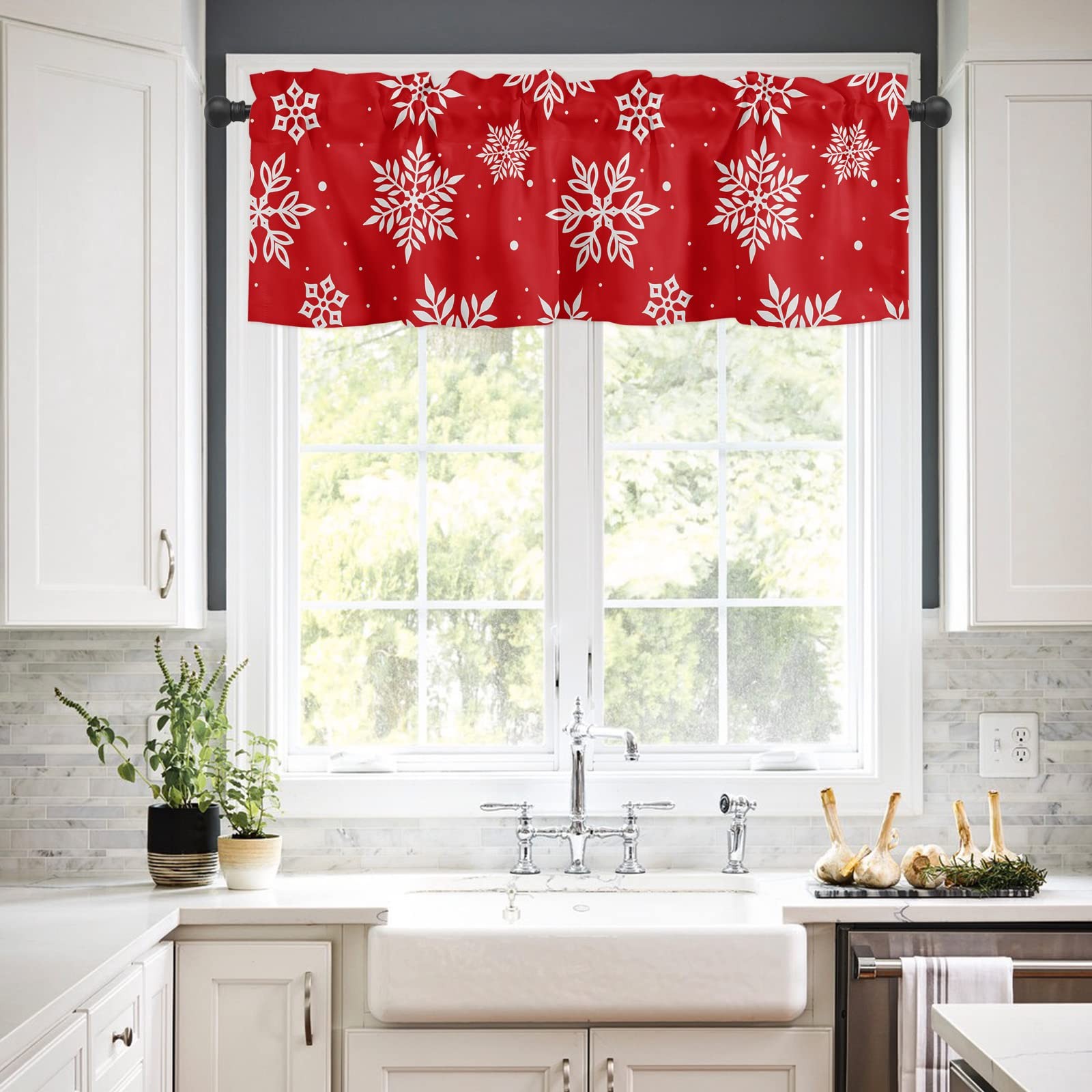 Christmas Window Curtain Valance for Kitchen Bedroom, Snowflakes Printed Red …