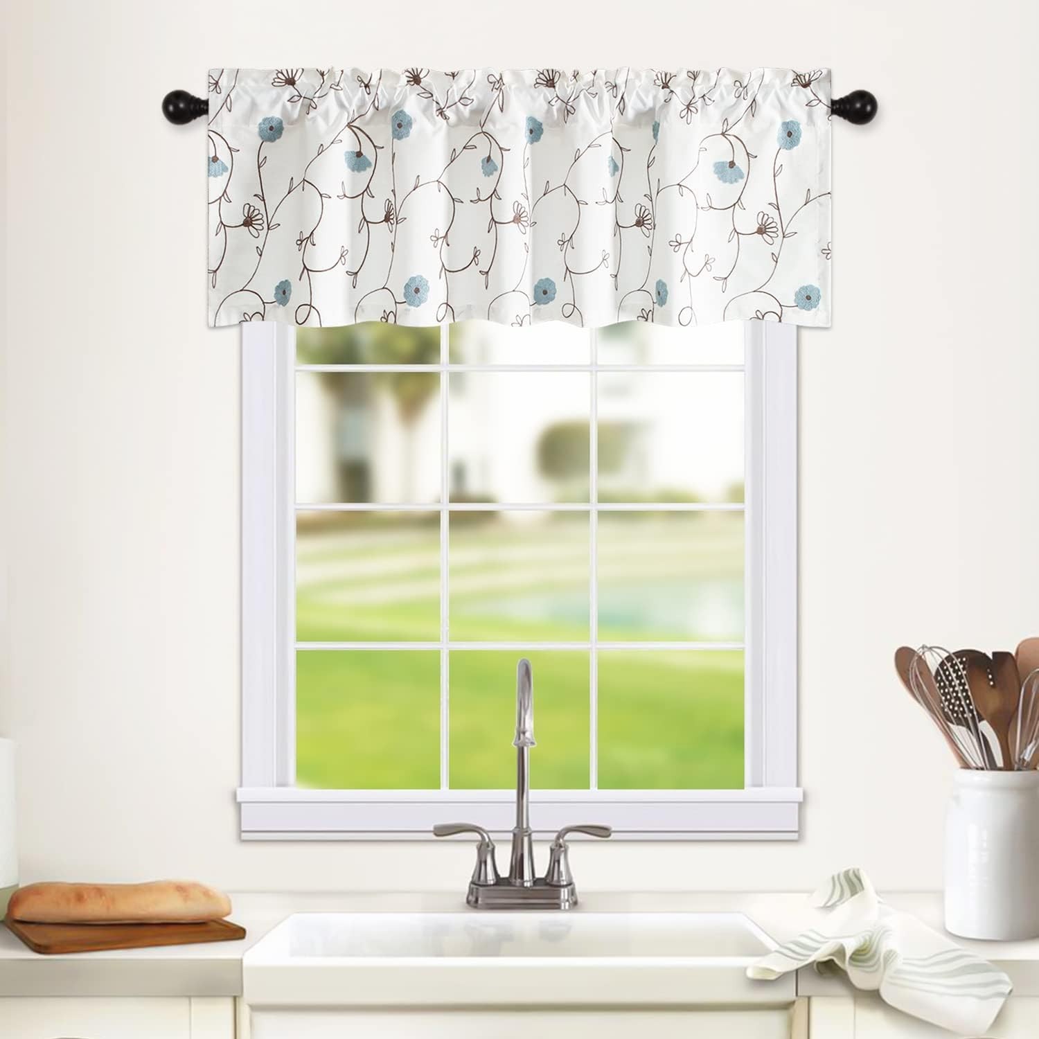 Light-Filtering Blue Floral Valance for Living Room or Kitchen, 52×18 Inches