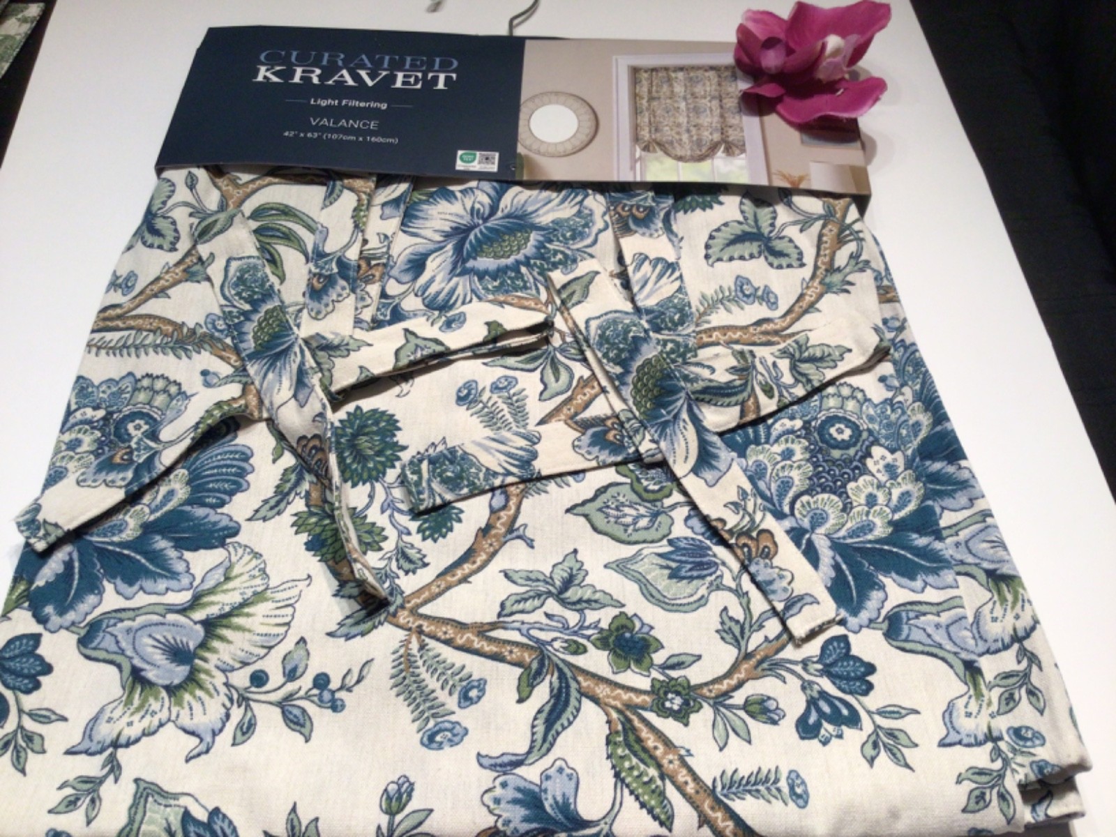 Curated Kravet Balloon Valance curtain 42 x 63 Jacobean Floral Blue Floral
