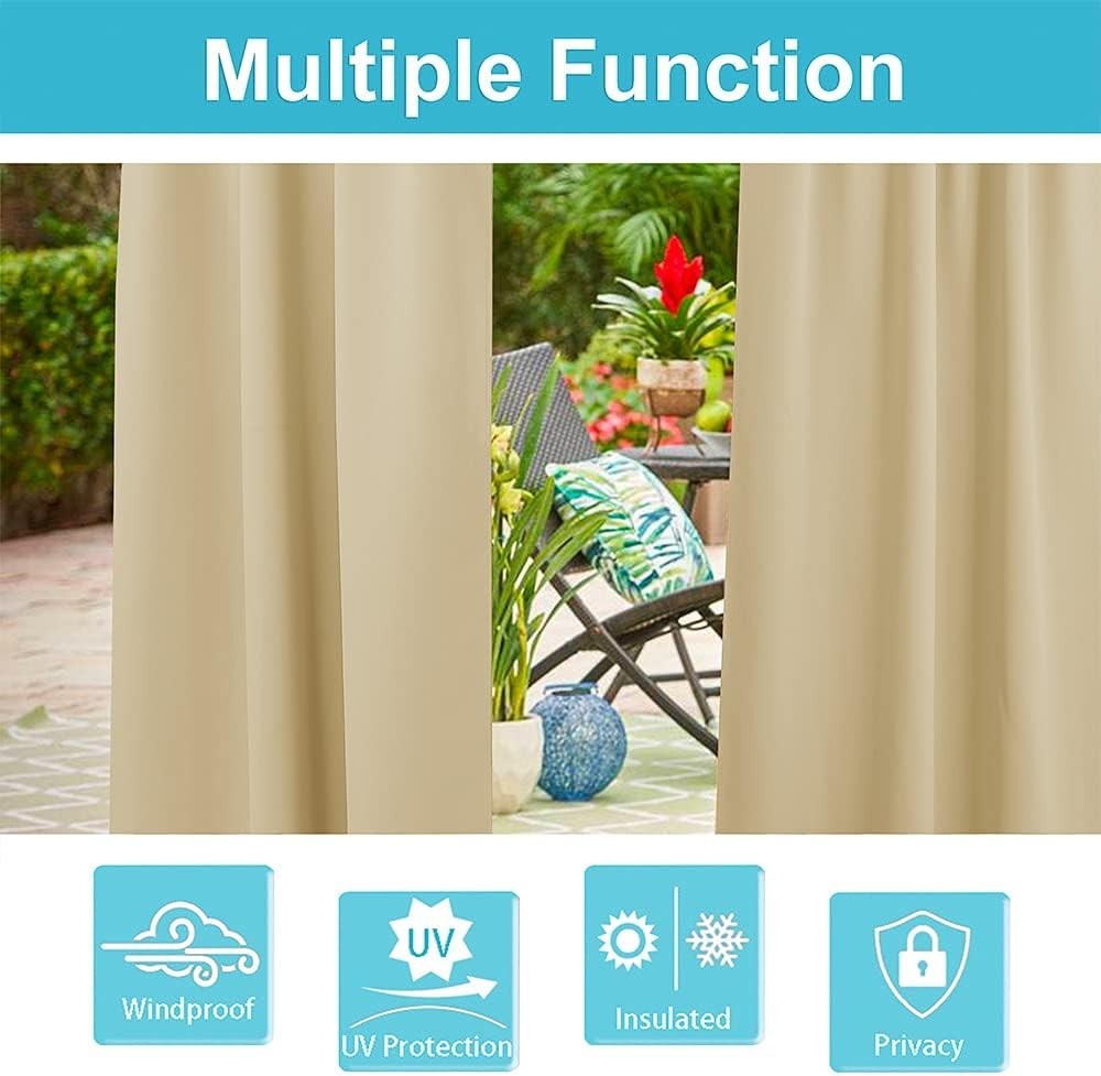 Elegant Detachable Tab Top Outdoor Curtains – Blackout Privacy in Beige, 52x84in