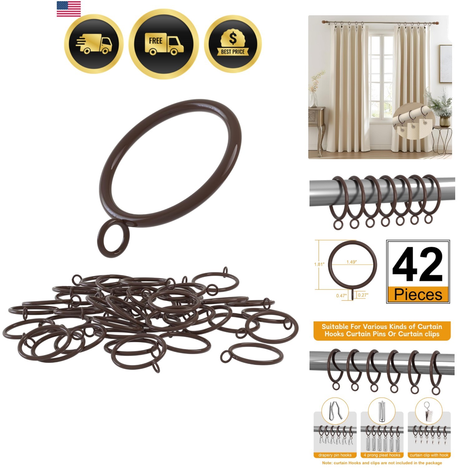 42 PCS Curtain Rings, 1.5 Inch Cocoa Tone Metal Curtain Drape Sliding Eyelet …