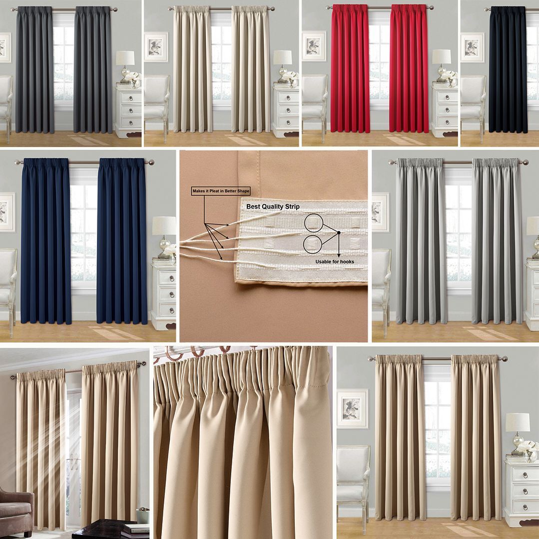 Pair Pencil Pleat Tape Top Plain Thermal BLACKOUT LINED Curtains with Tie Backs