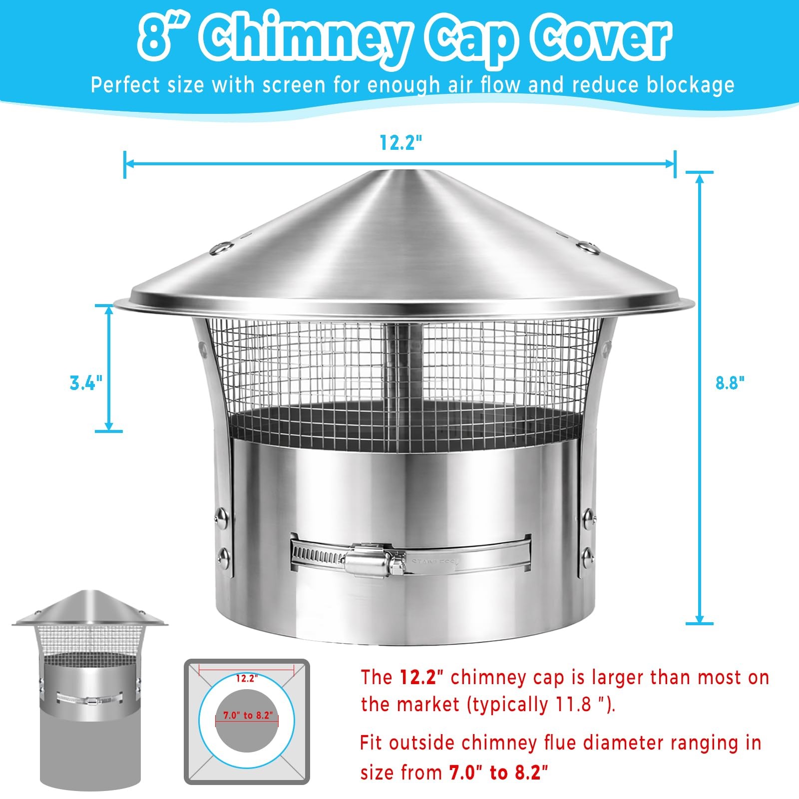 Rust-Proof 8 inch Chimney Cap -Adjustable Stainless Steel Chimney Cover with …